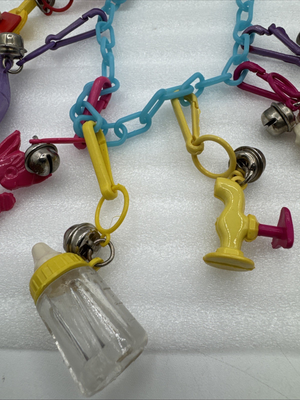 Vintage 1980's Plastic Bell Charm Clip Necklace w 2 Chains and 34 Charms.