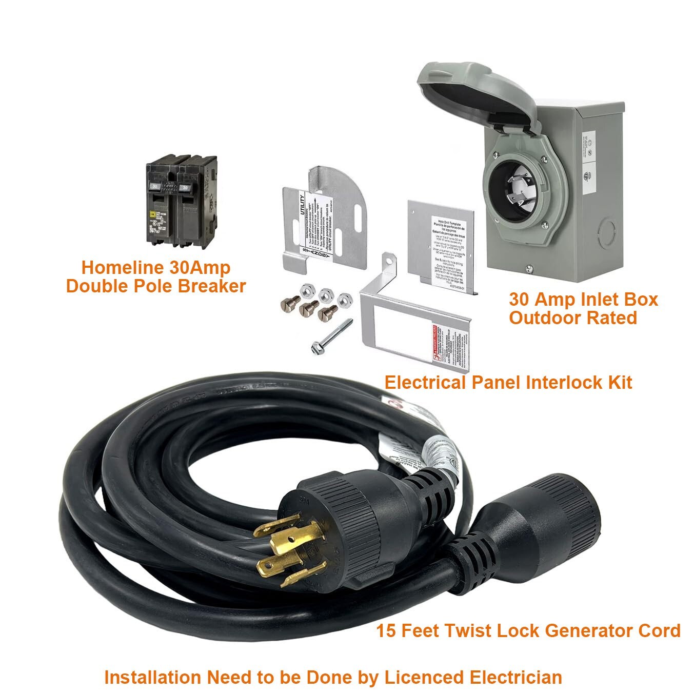 30 Amp Generator Hook-up Kit for Square D Homeline 200/225A Panel, 15/25 Ft Cord