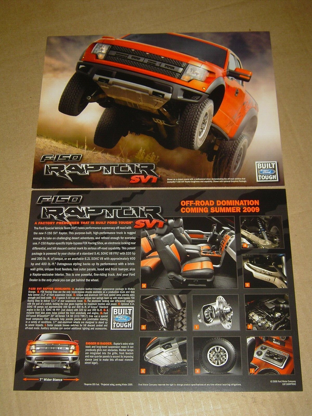 2010 FORD F-150 RAPTOR SVT TRUCK BROCHURE 2 SIDED CARD MINT! 2008 PRE-RELEASE