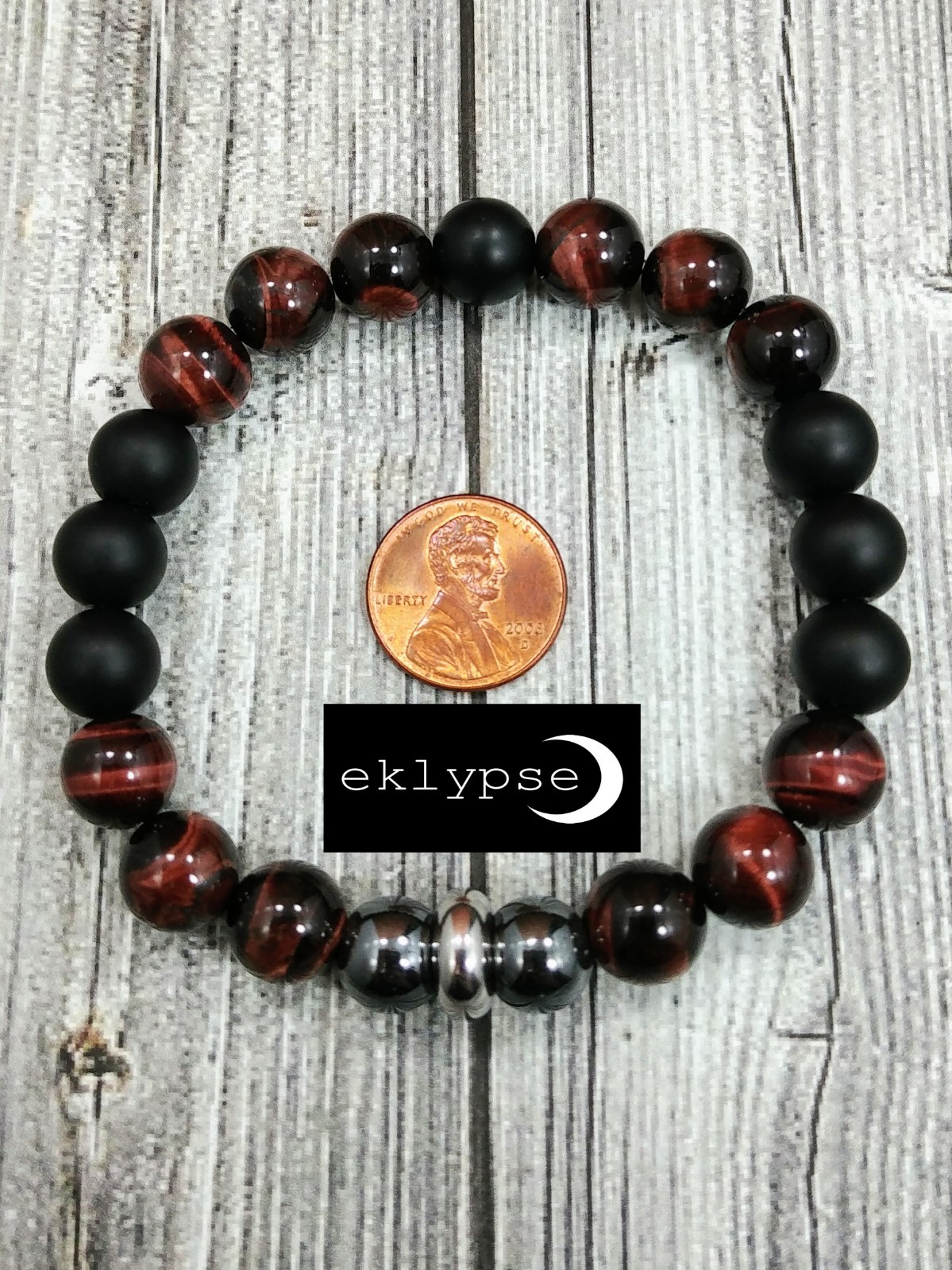 8"L STAINLESS STEEL 10mm Tigers Eye+Hematite+Onyx Gemstone Beaded Men's Bracelet