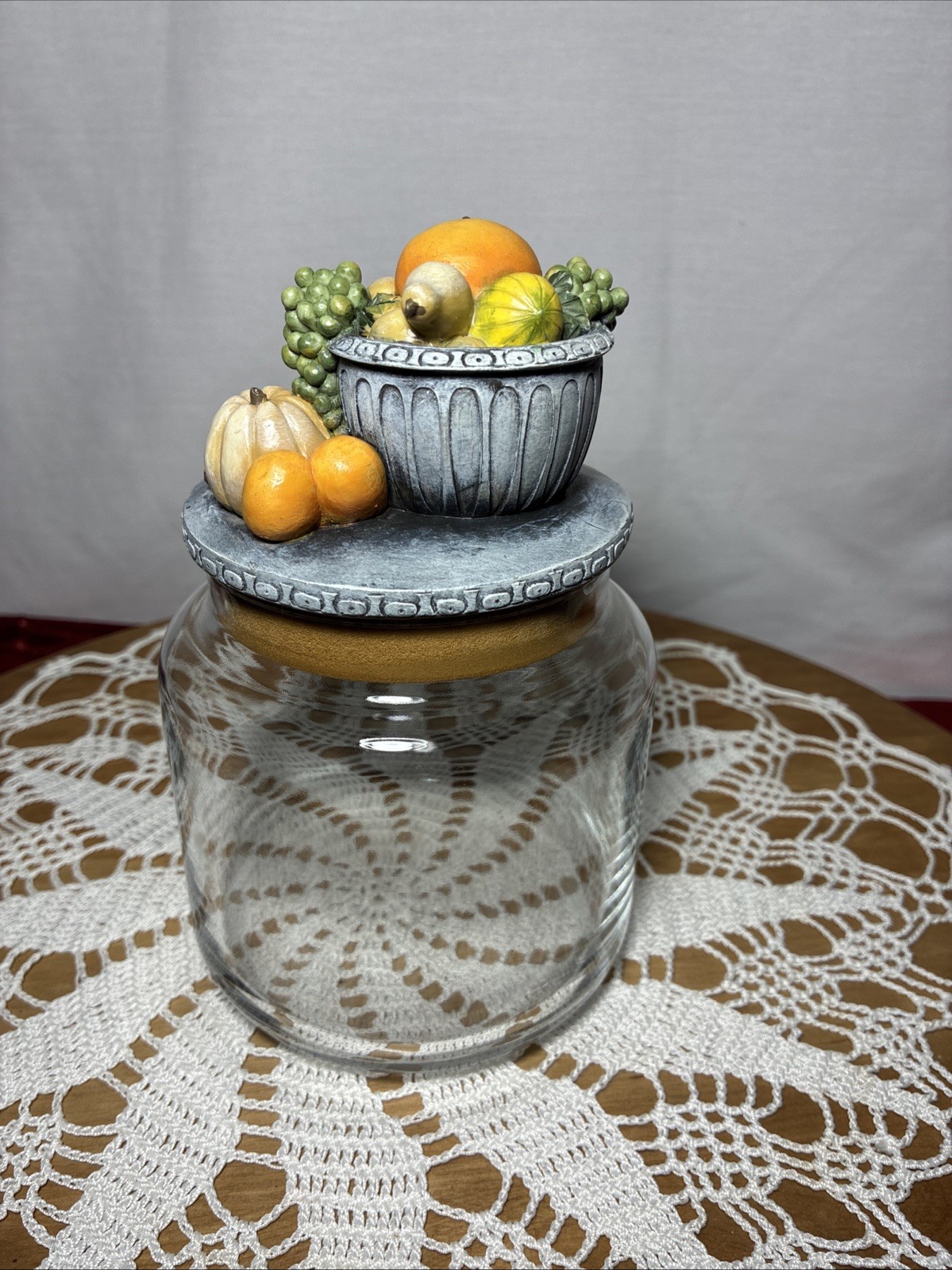 Empty Candle Jar. Fall Harvest Decorative Top Storage. Clear Glass