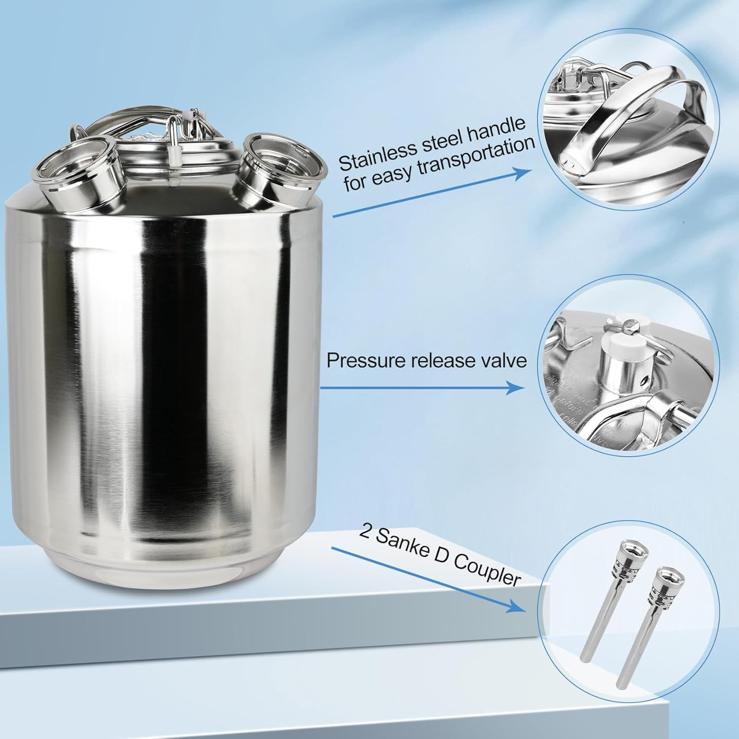 2.5 Gallon/10 L Cleaning Keg, Beer Line Cleaning Kit with 2 D Coupler Made of St