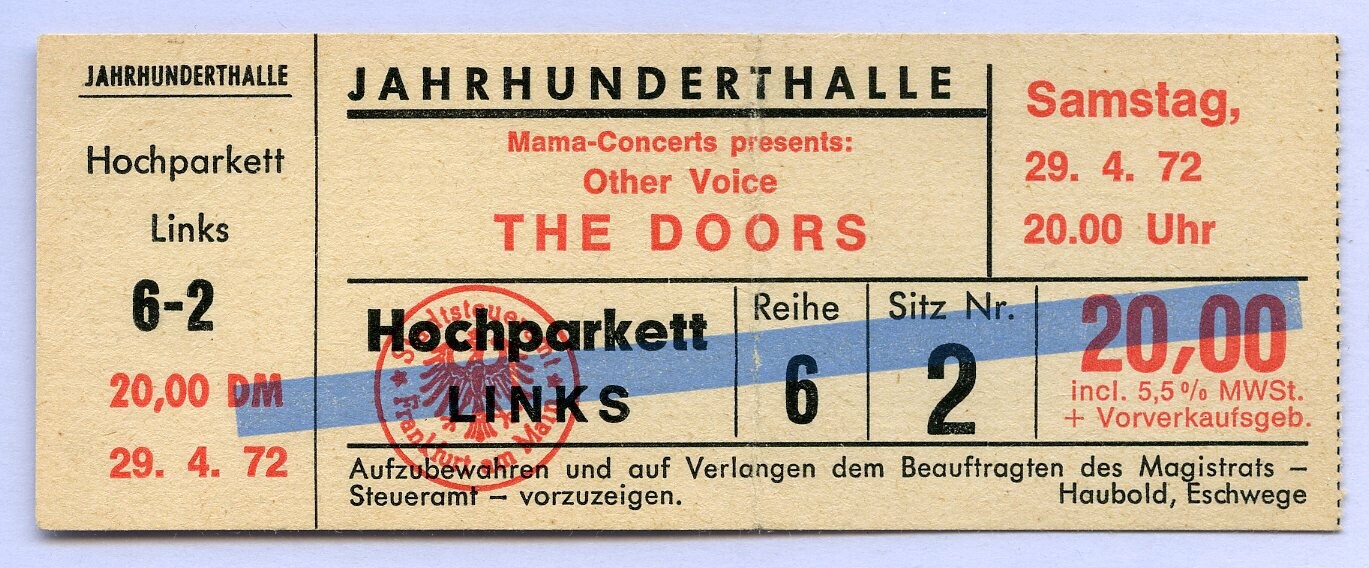 1972 THE DOORS Frankfurt, Germany Original Concert Ticket