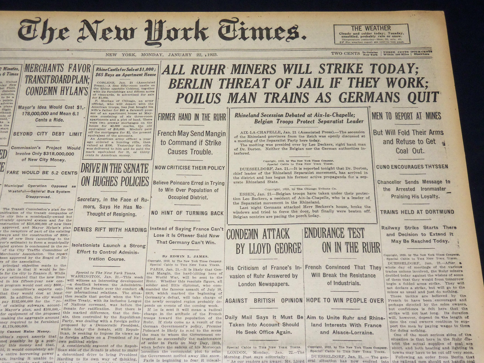 1923 JANUARY 22 NEW YORK TIMES - ALL RUHR MINERS WILL STRIKE TODAY - NT 7905