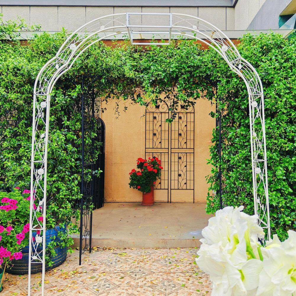 98.5 In. X 74.4 In. Cream White Metal Garden Arch-Outdoor Arbor Trellis for Clim