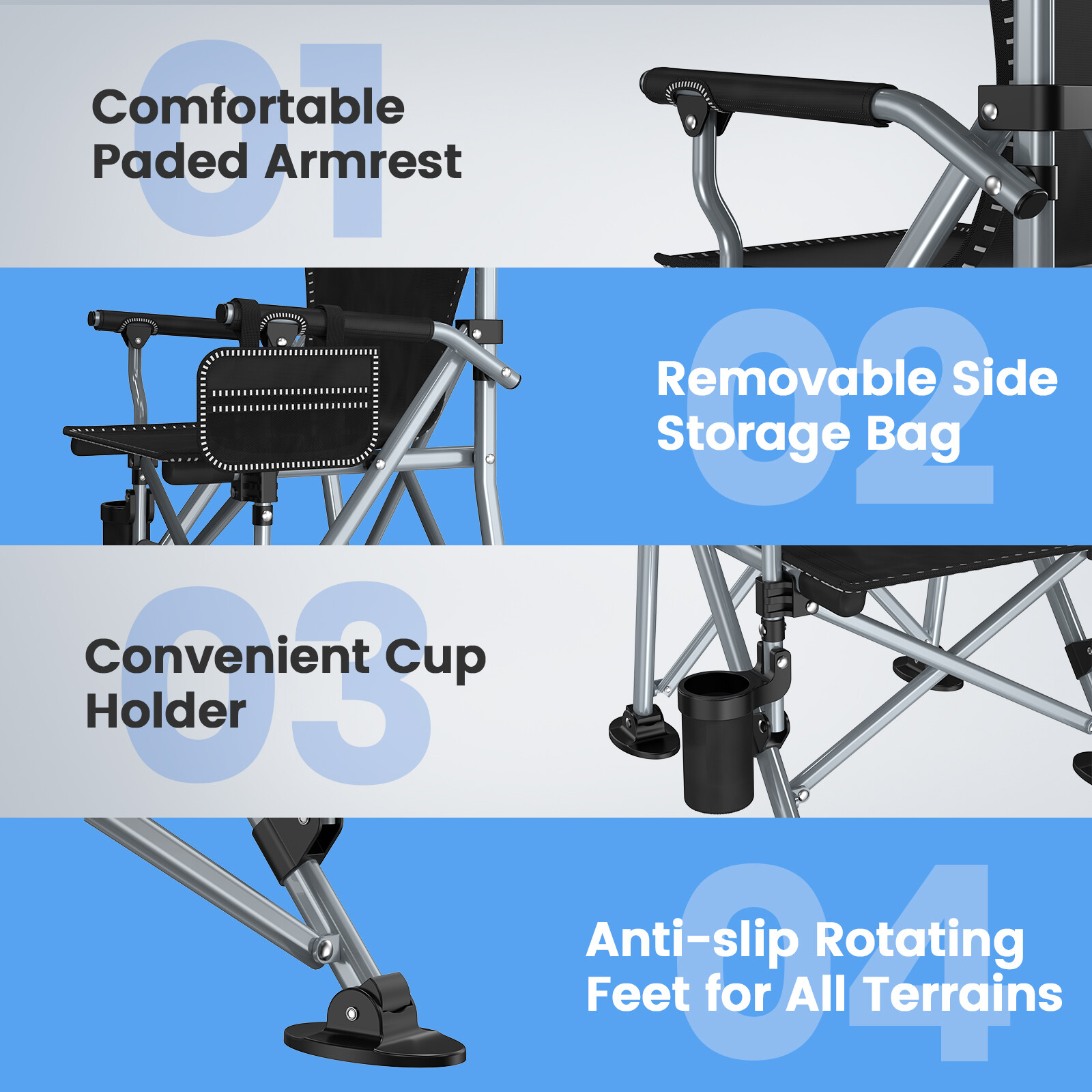 Blue Portable Camping Chair Heavy Duty Folding Chair w/ Cup Holder Oversized