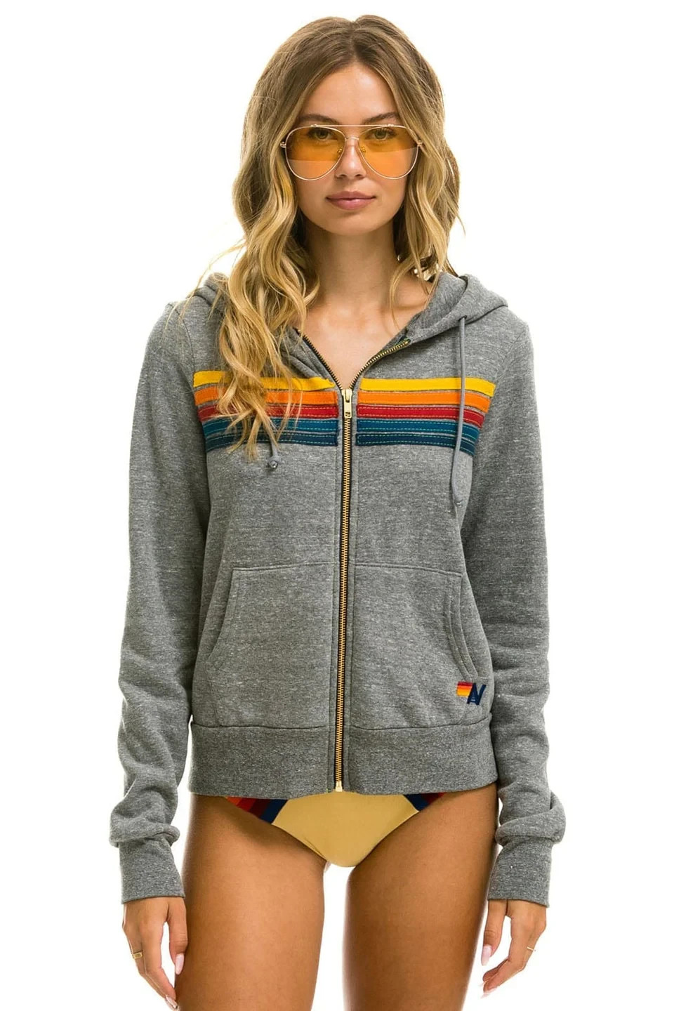 New Aviator Nation Full Zip 5 Stripe Hoodie HEATHER GREY Small MSRP $196