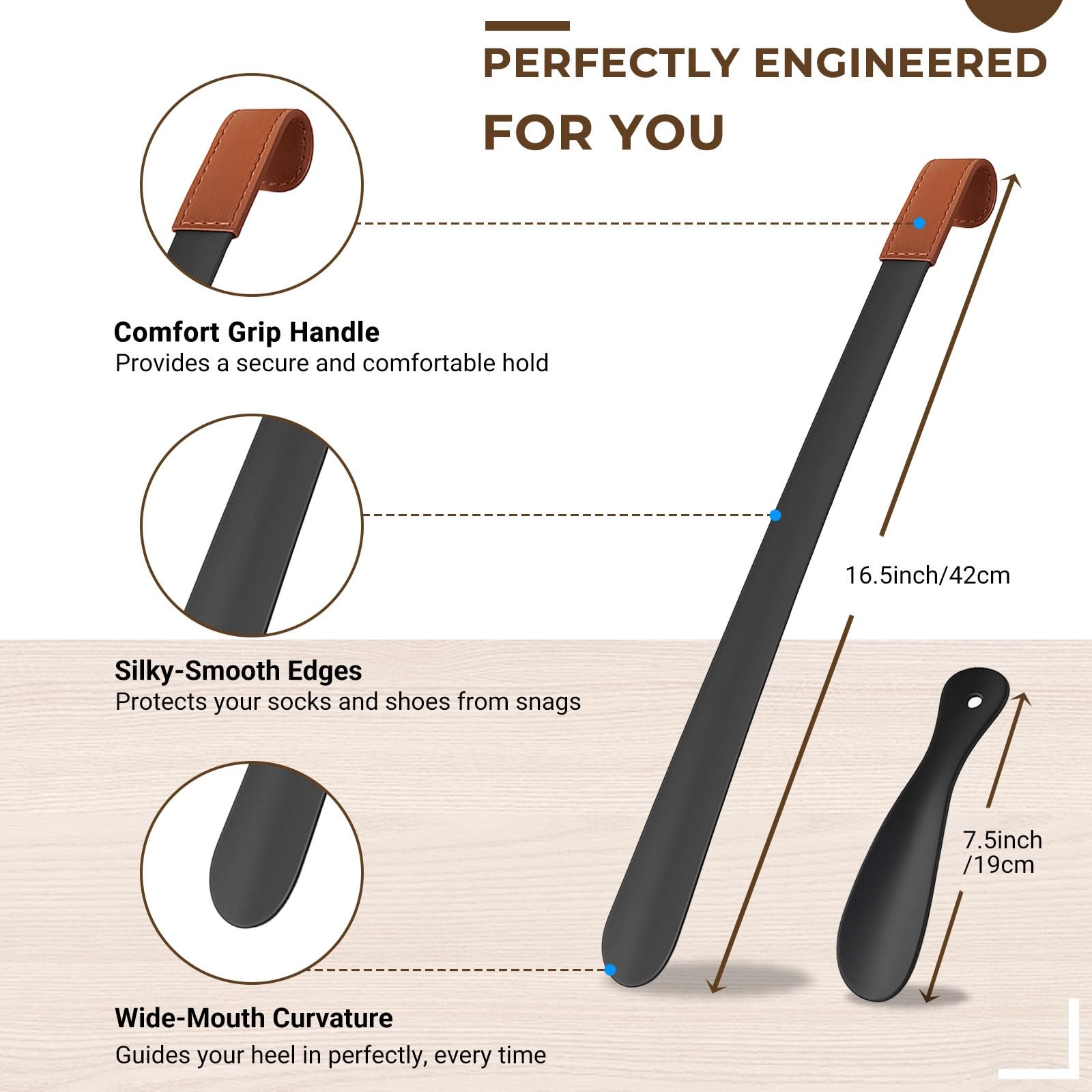 Amroicus Metal Shoe Horn Long Handle 16.5" & 7.5", 2 Pack S,L, Black