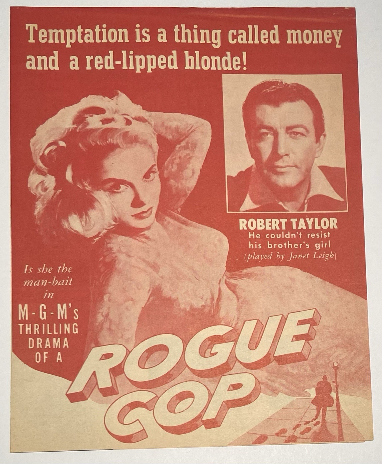 ROGUE COP - Vintage 1954 Film Noir ROBERT TAYLOR Movie Herald Flyer JANET LEIGH