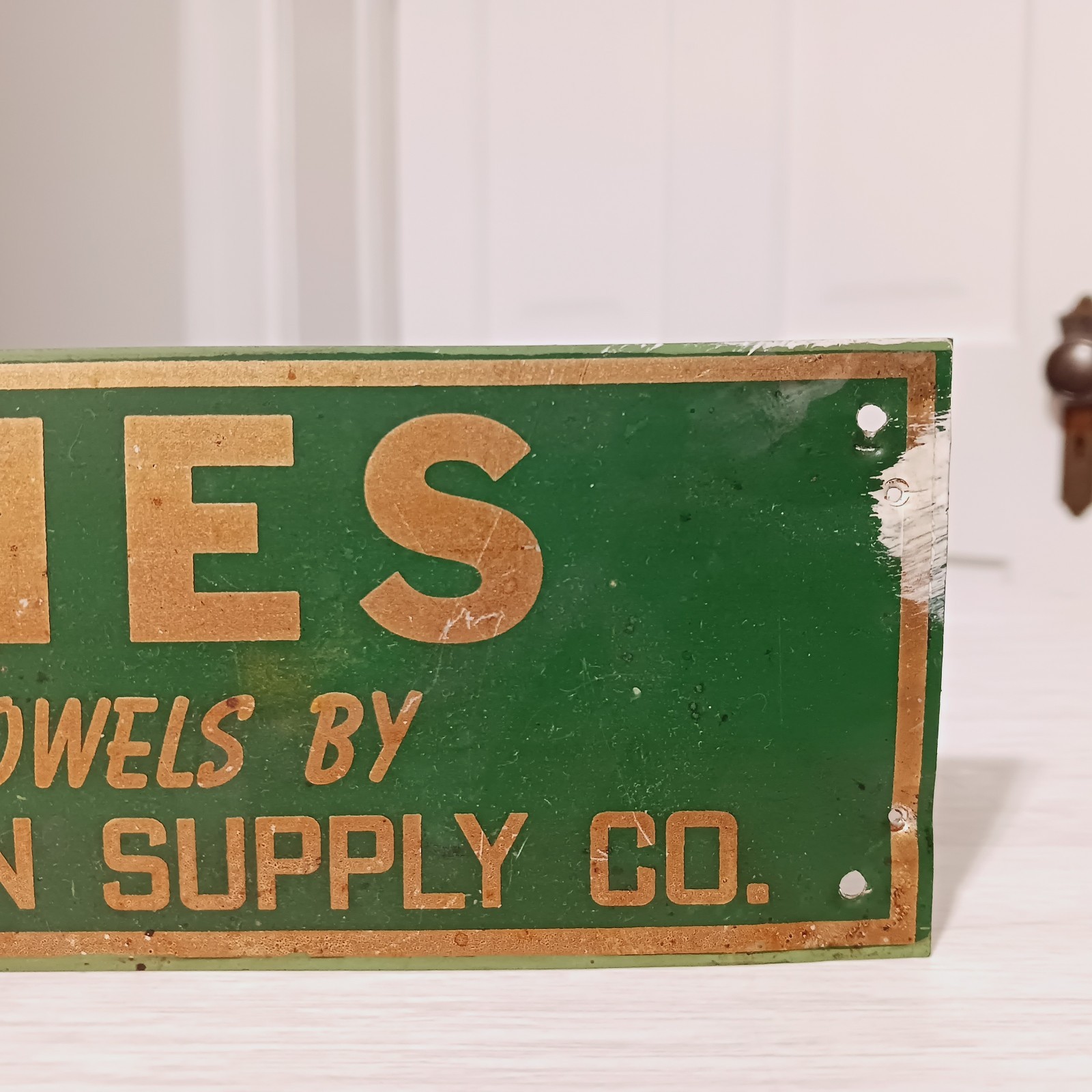Vintage Ladies Room Sign Green Gold Sterilized Towels American Linen Supply Co.