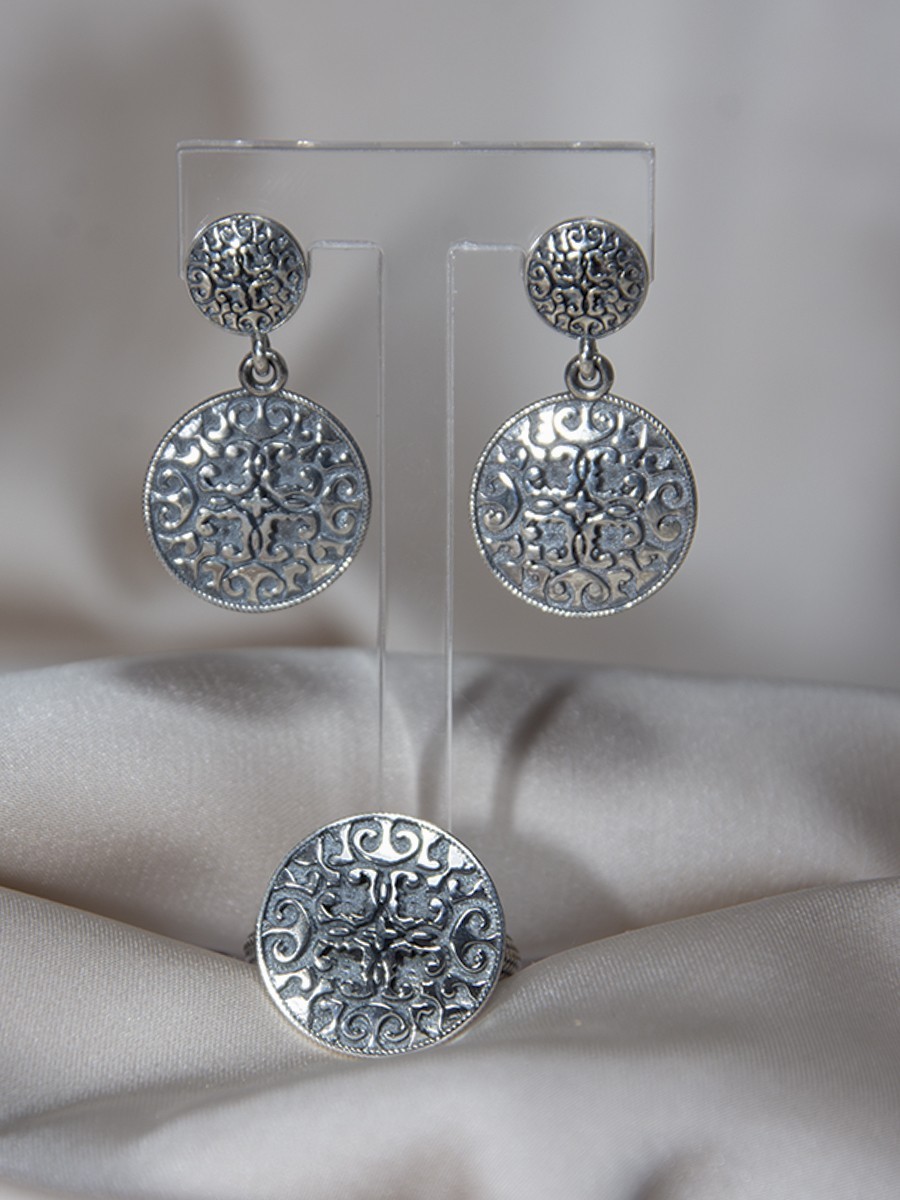 Elegant Silver-Tone Filigree Ring & Matching Earrings Set - Handmade