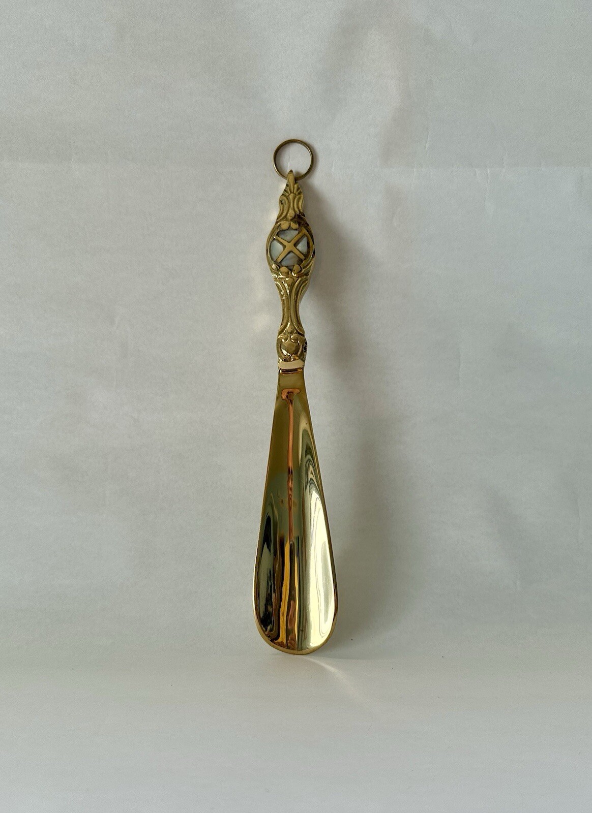 Gold Brass Shoehorn with Mother of Pearl Engraving 9.5"