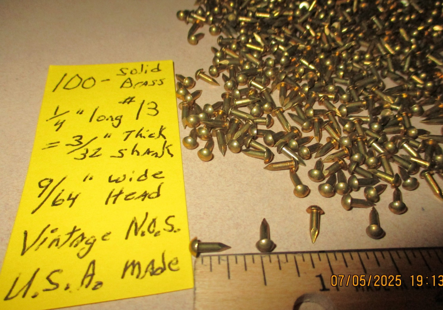100--VINTAGE 1/4" X #13, SOLID BRASS BRAD NAILS, ROUND DOME HEAD ESCUTCHEON PINS