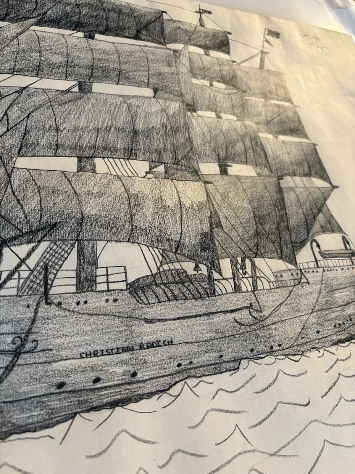 Pencil Drawing Norwegian Full Rigged Tall Sailing Ship Christian Radich Signed