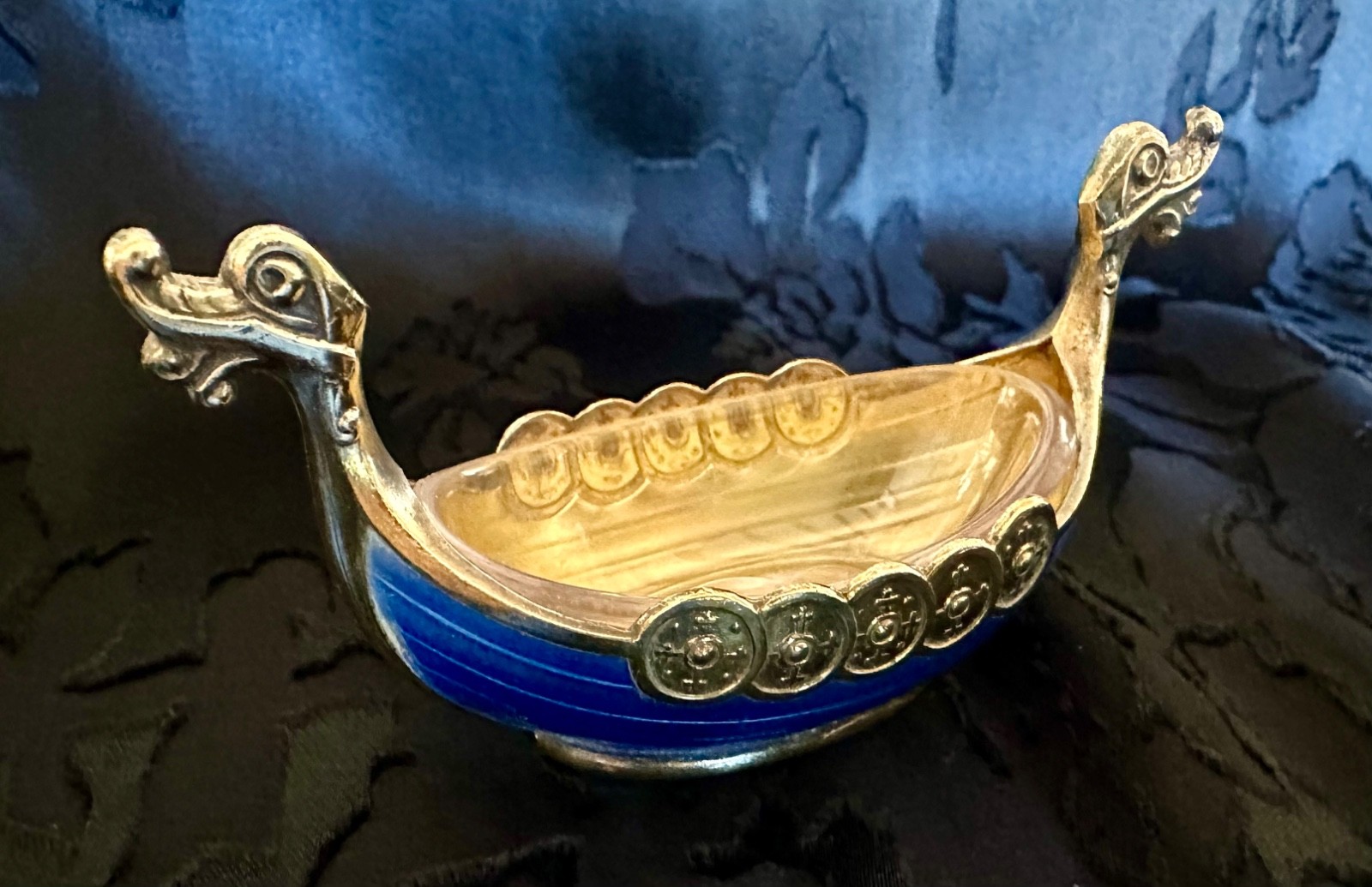 Theodore Olsen Norway Gilt Sterling Silver Blue Guilloche Viking Ship Salt