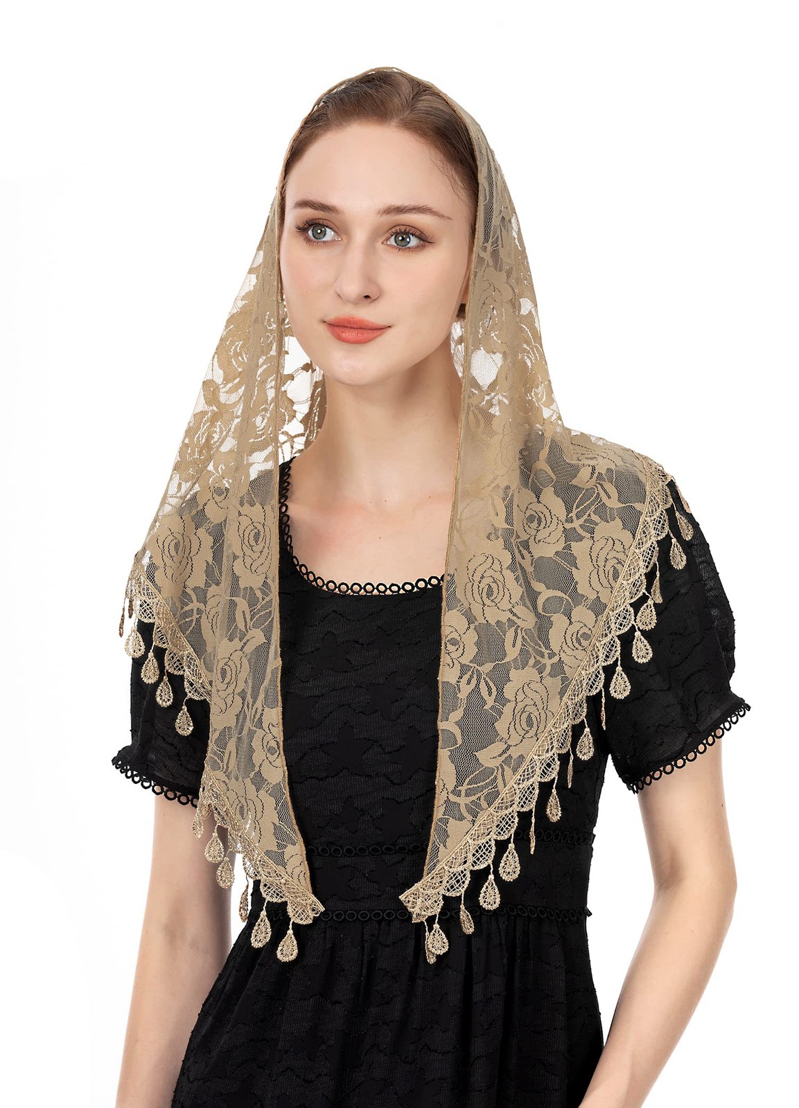 Wgior Triangle Veil for Church Lace Chapel Catholic Mass One Size, Beige
