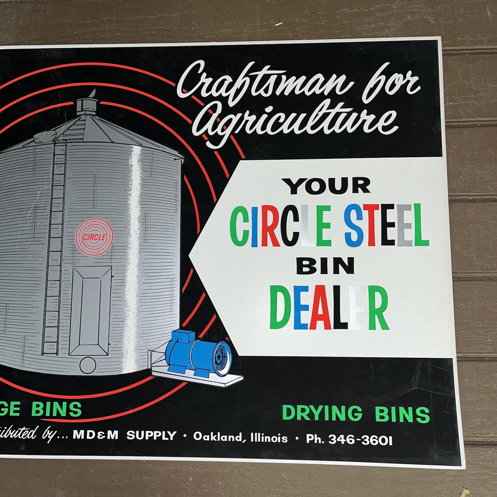 Vintage Circle Steel Grain Bin Dealer Cardboard Sign Oakland ILL MD&M Supply