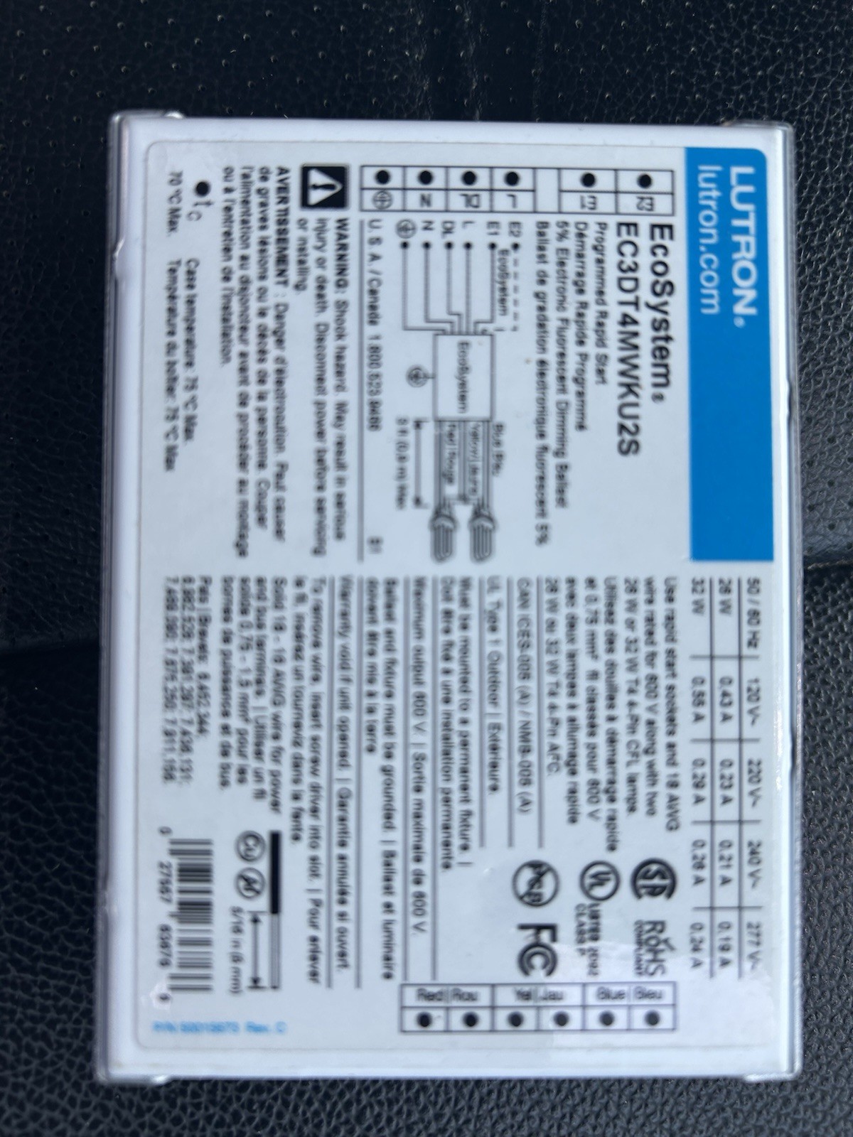 Lutron EcoSystem EC3DT4MWKU2S Fluorescent Dimming Ballast. New