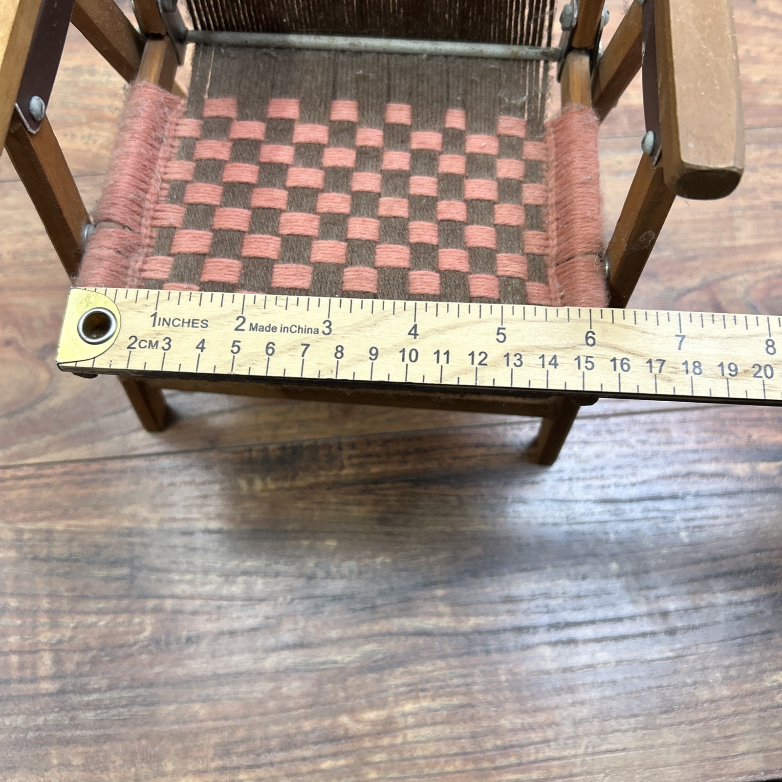 Macrame Wooden Folding Baby Doll Chair Vintage Handwoven Brown Pink ** DOLL SIZE