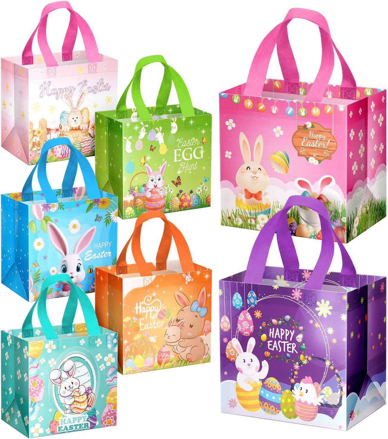 7Pcs Happy Easter Gift Bags, Reusable Non-Woven Goodie Bags with Handle for Kids