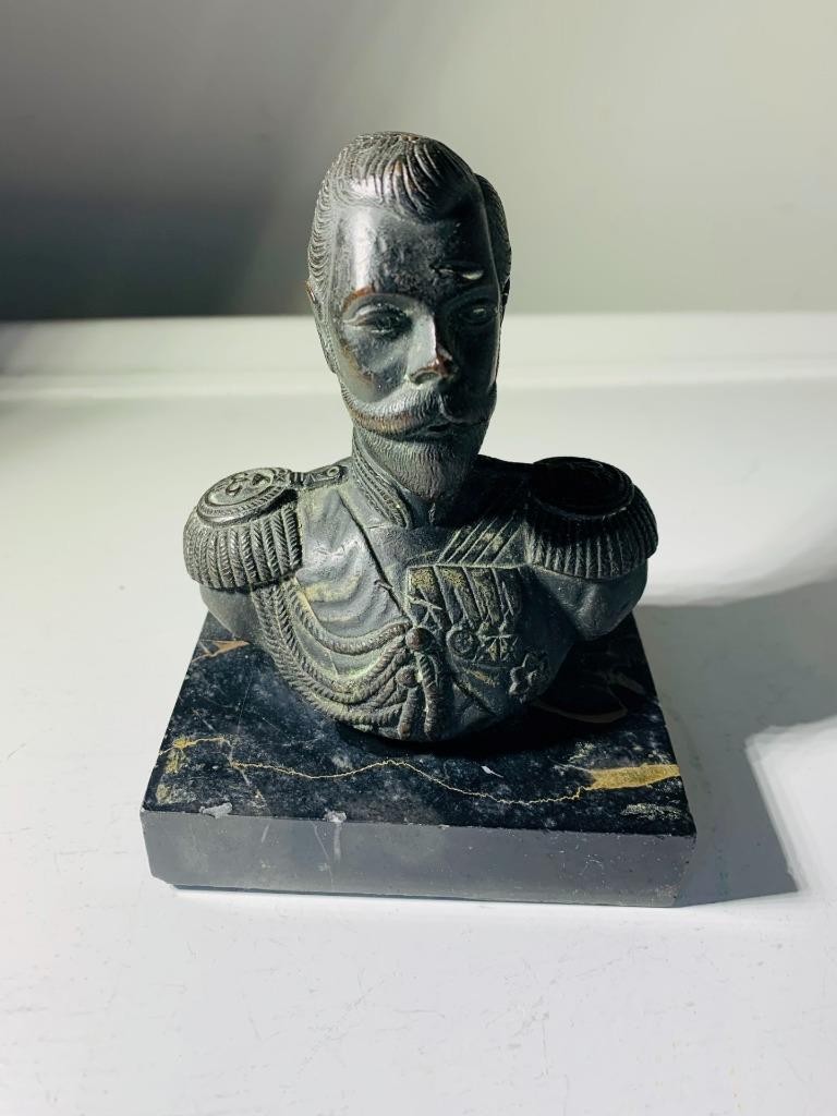Antique Bronze Bust sculpture miniature Czar Nicholas II Black granite pedestal