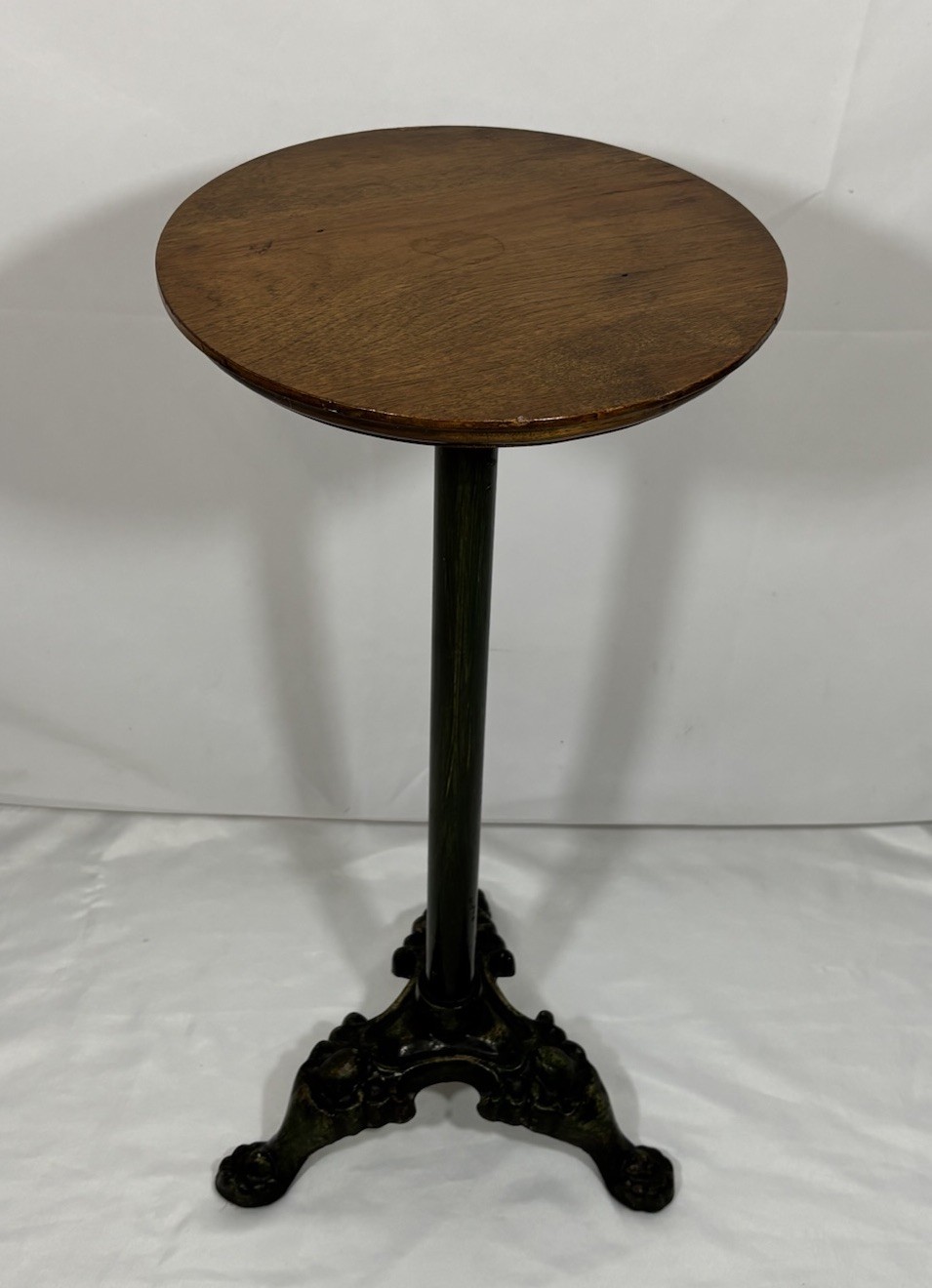 Antique Vintage Painted Green Cast Iron & Walnut? Wood Top Pedestal Plant Stand
