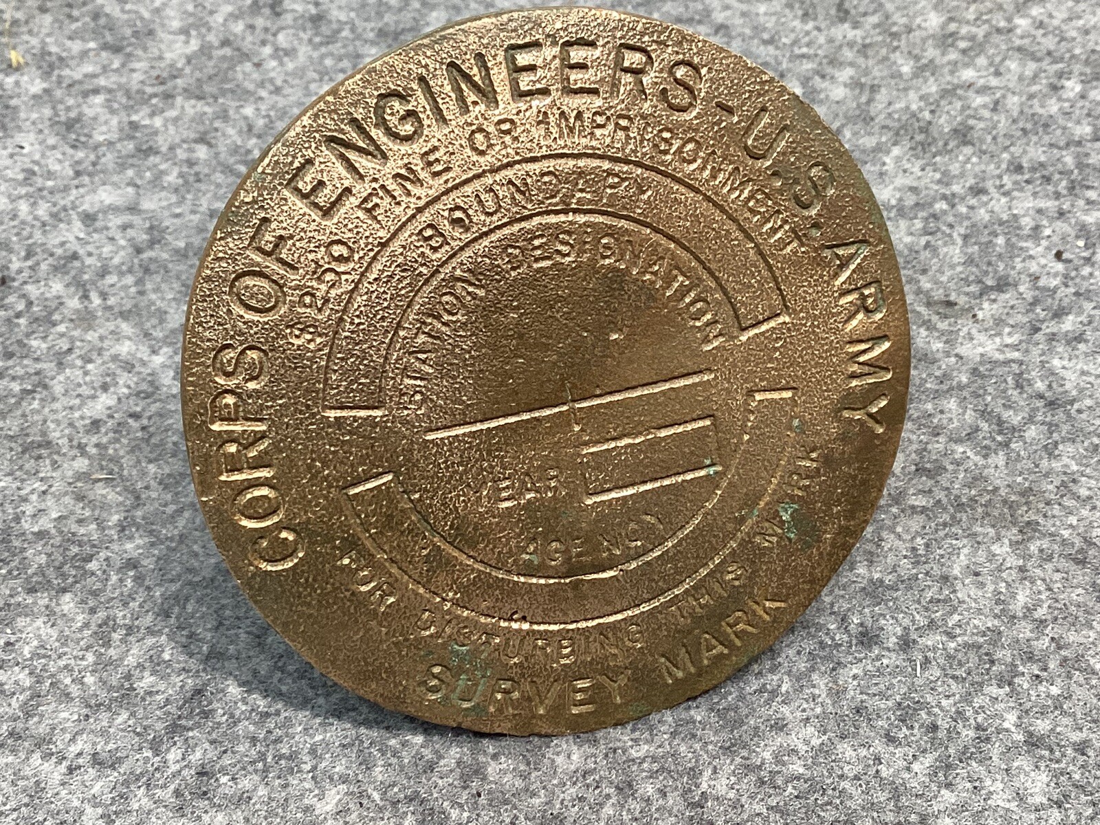 Vintage Brass U.S. Army Corp of Engineers Survey Mark Non Commissioned