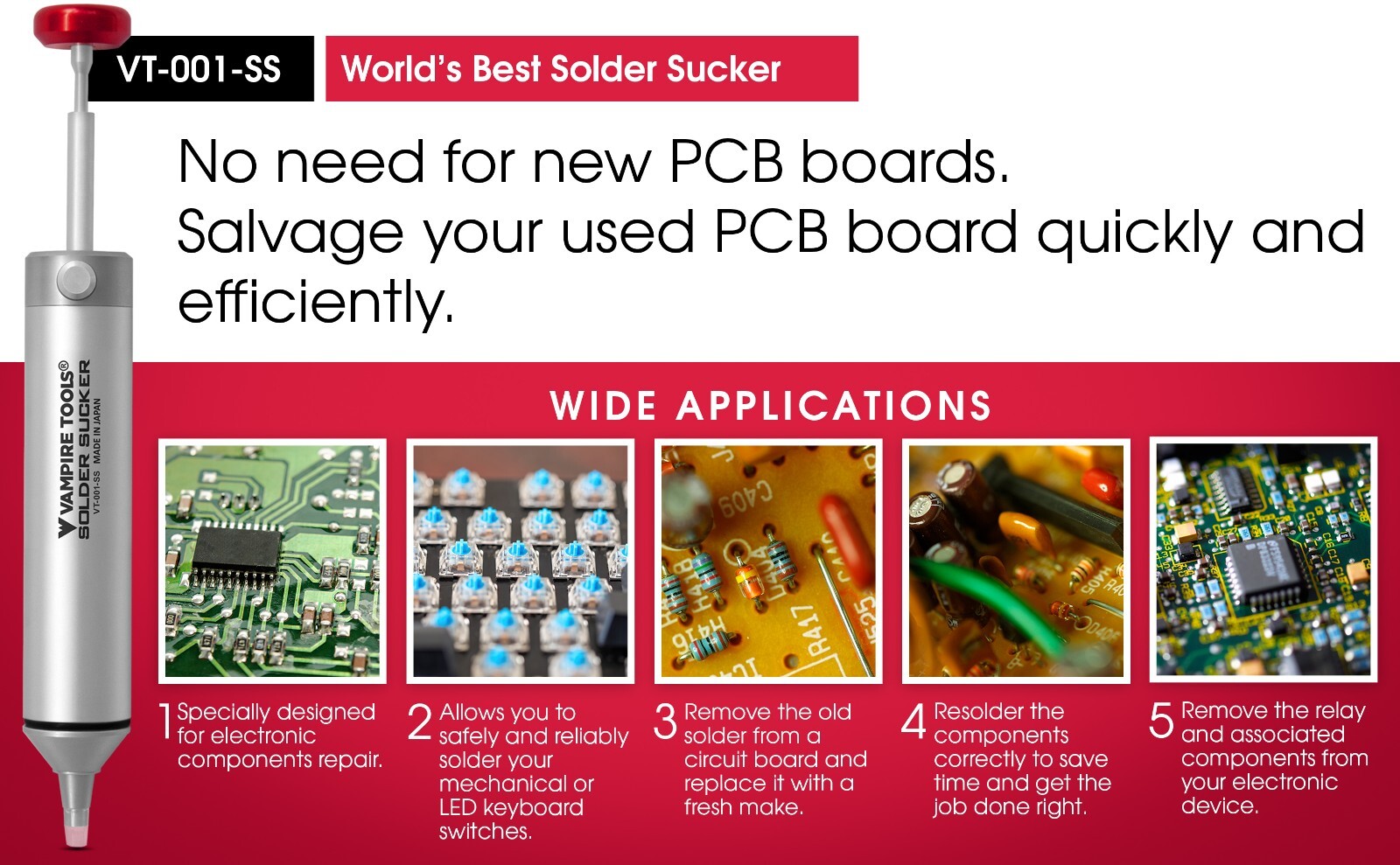 Vampire Tools Solder Sucker Compact and Durable Aluminum Body/Heat VT-001-SS