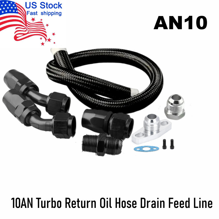 Black 10AN Turbo Return Oil Hose Drain Feed Line Flange T3 T4 T04E T70 T60 GT35