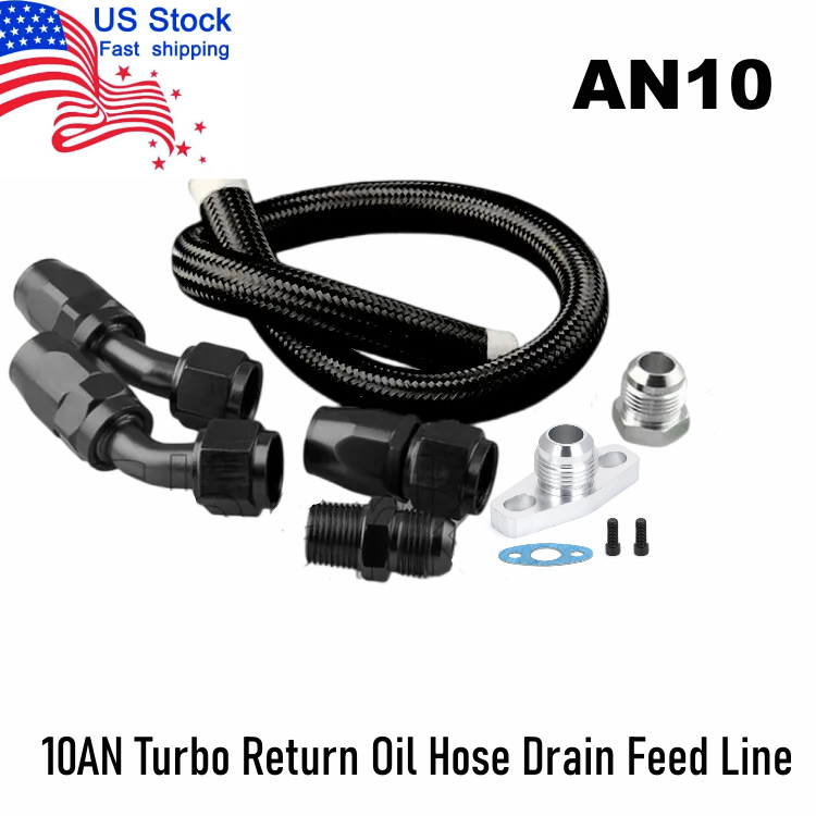 Black 10AN Turbo Return Oil Hose Drain Feed Line Flange T3 T4 T04E T70 T60 GT35