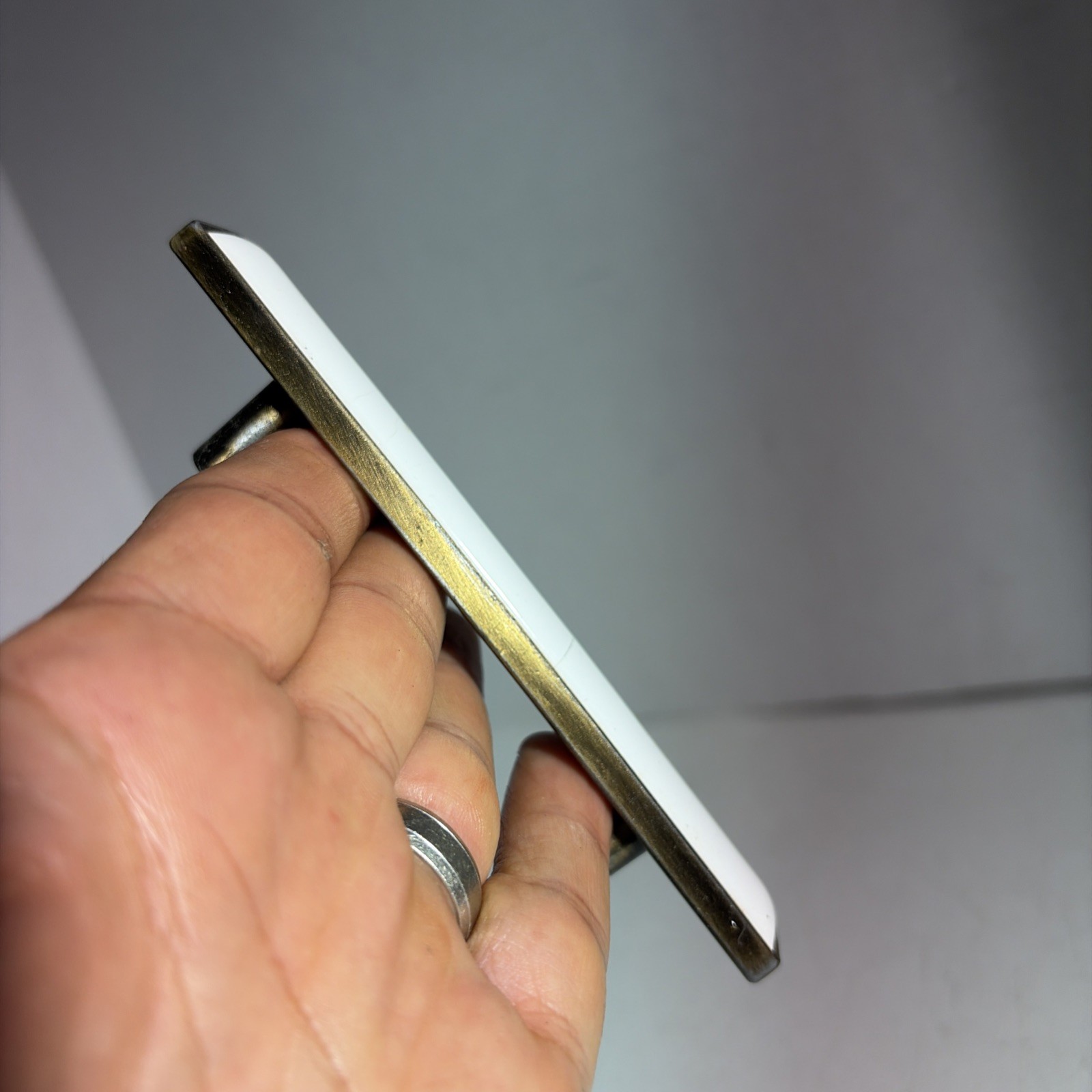 Vintage Single Mid Century Modern Gold Tone White Ceramic Drawer Pull Handle