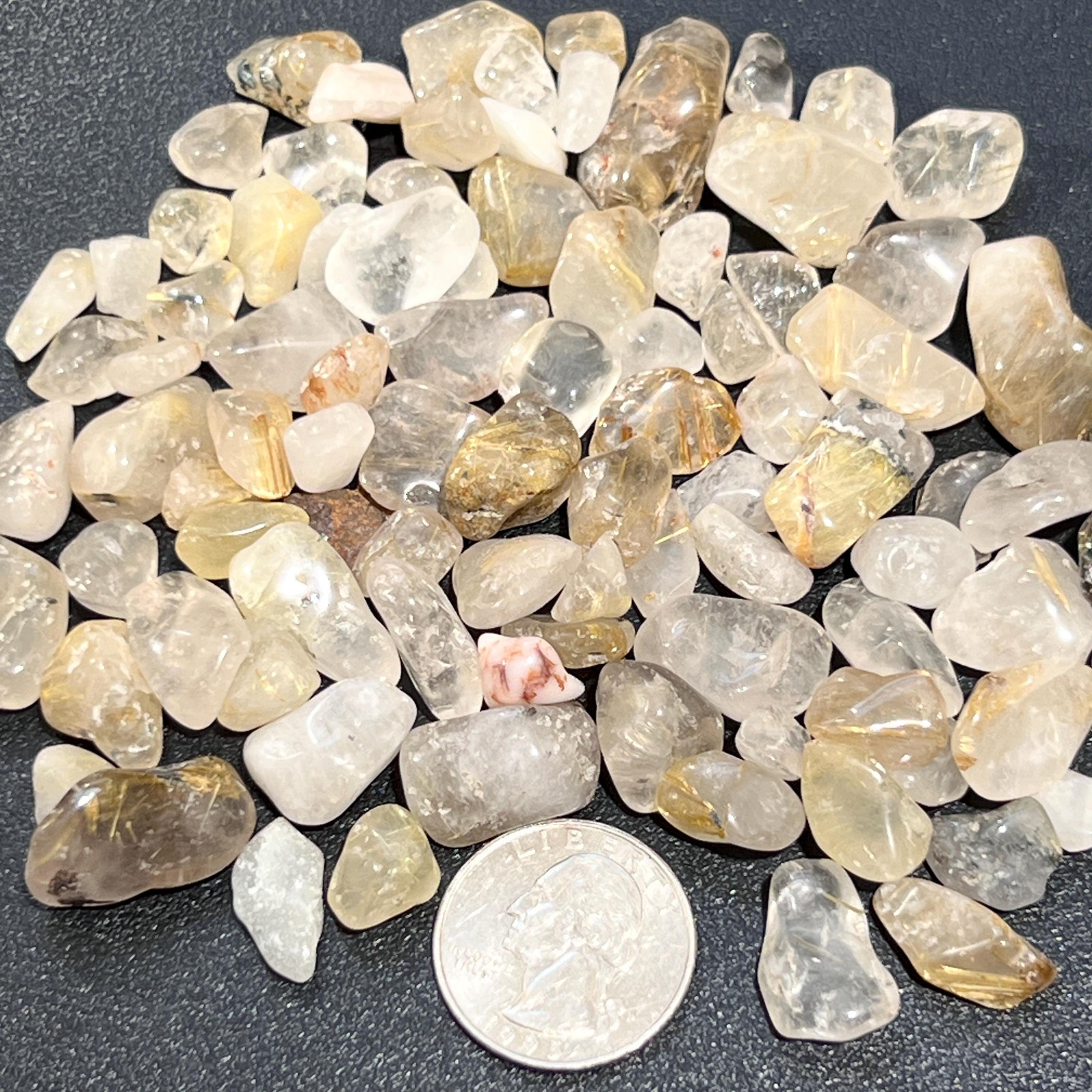 Small Gold Rutilated Quartz Crystal Tumbled Stones (By The Ounce or Pound)