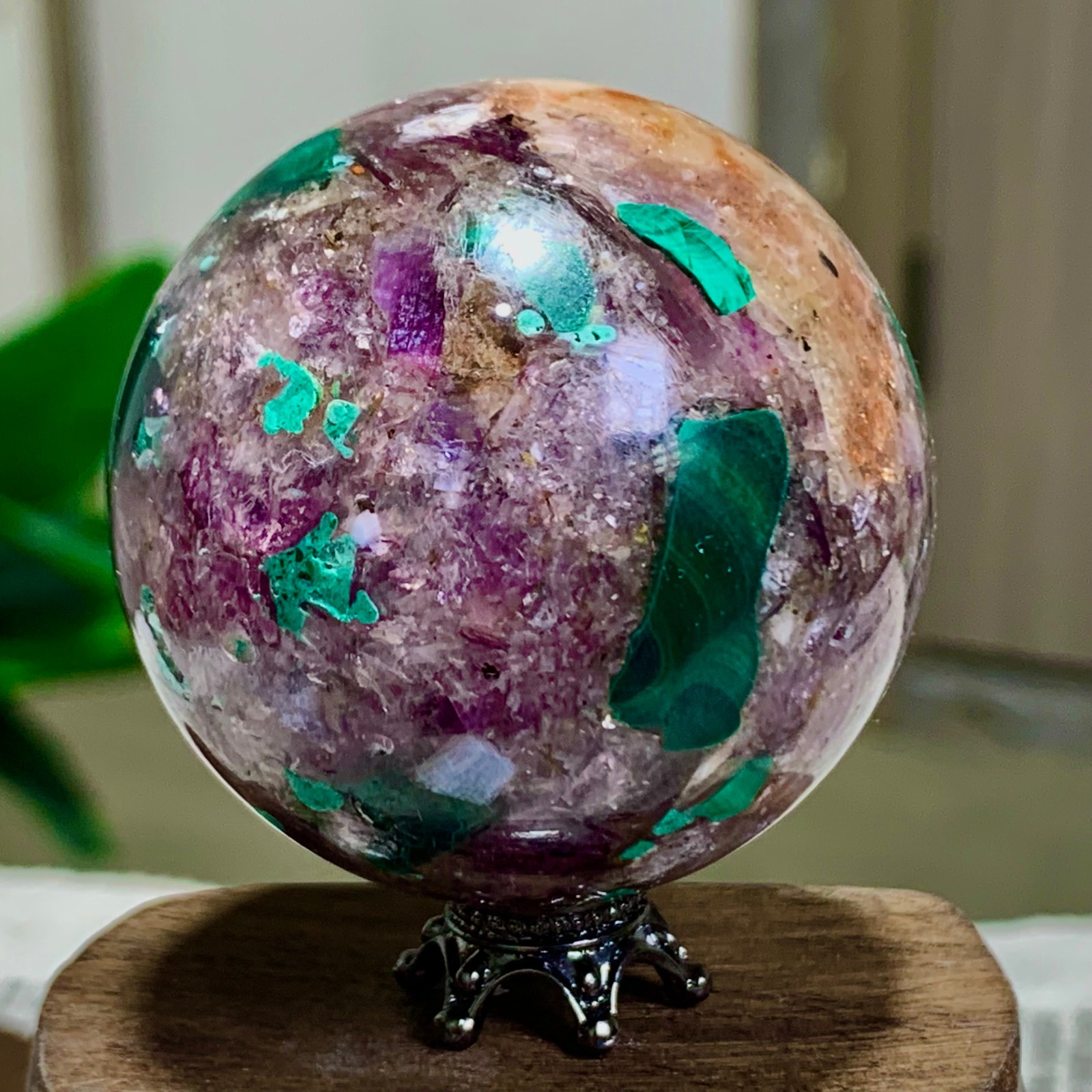 127G Newly discovered rare malachite purple mica symbiotic sphere restoration