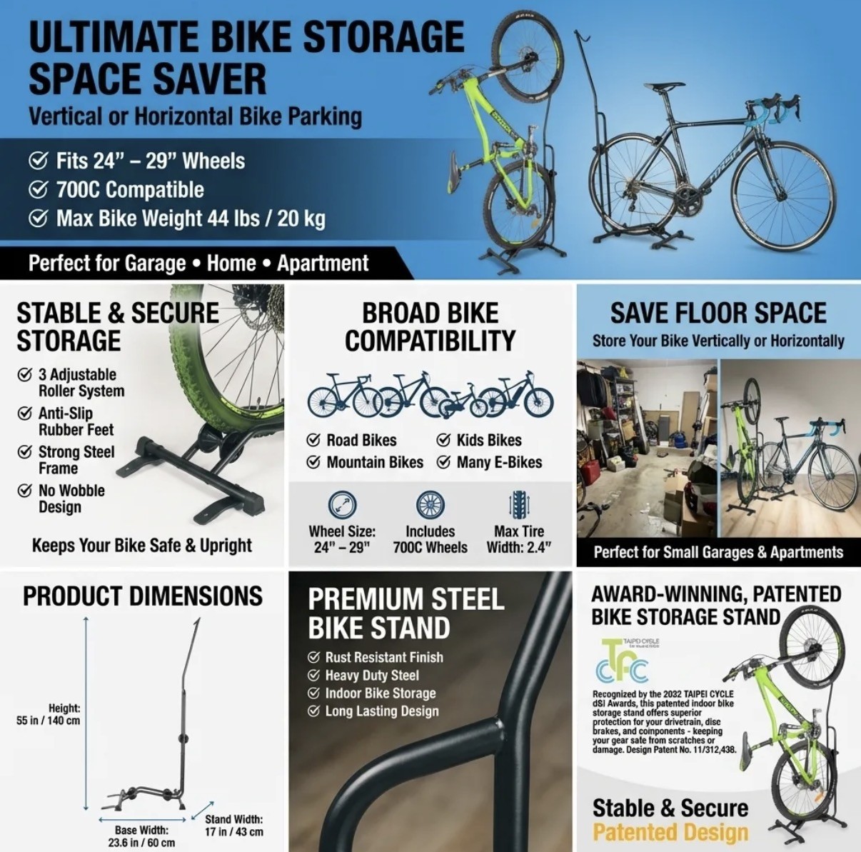 CyclingDeal Steel Bike Stand Vertical & Horizontal Storage 24"-29" Wheels 44 lbs