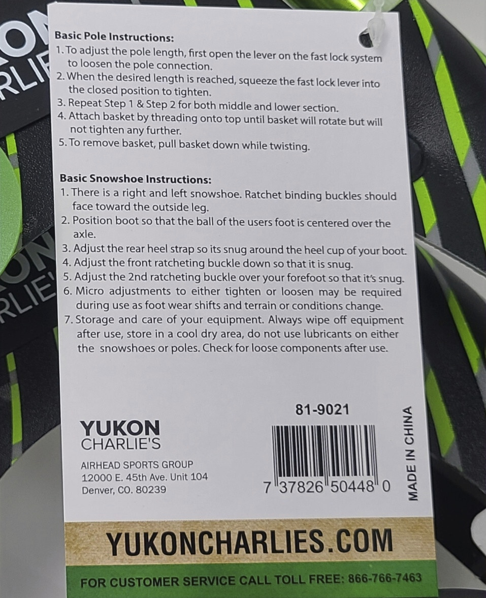 YUKON CHARLIE'S 930 Adult Snowshoe Kit w/ Poles, Bag GREEN L Up to 250lbs (480)