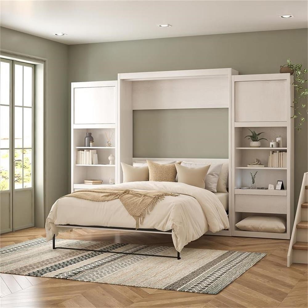Signature Sleep Murphy Wall Bed Side Cabinet with Pullout Nightstand Ivory Oak