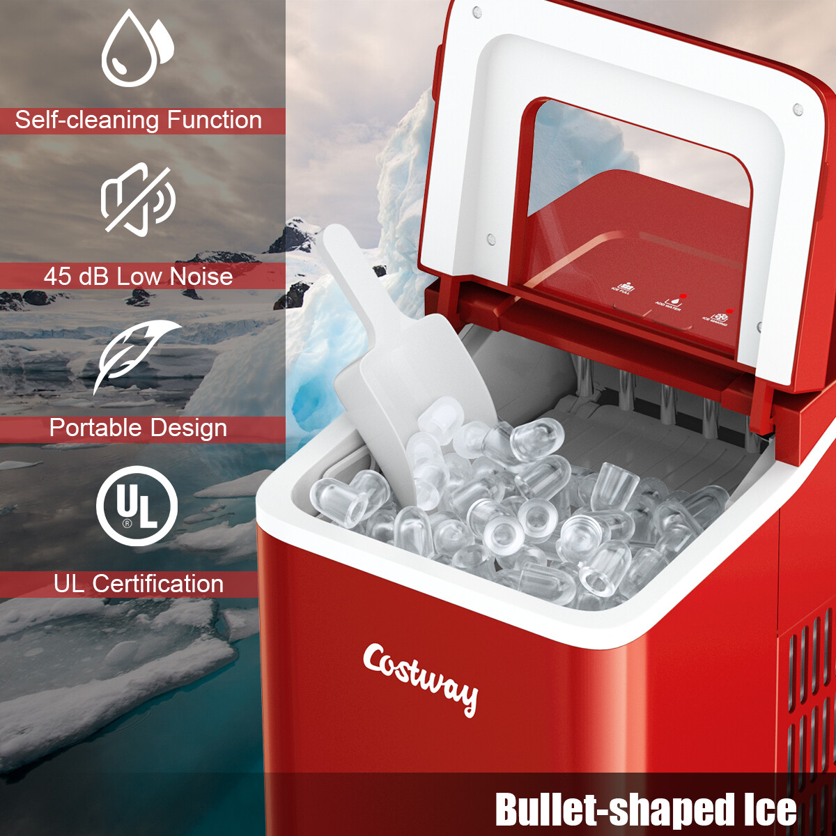 Portable Ice Maker Machine Countertop 26Lbs/24H Self-cleaning w/ Scoop Red