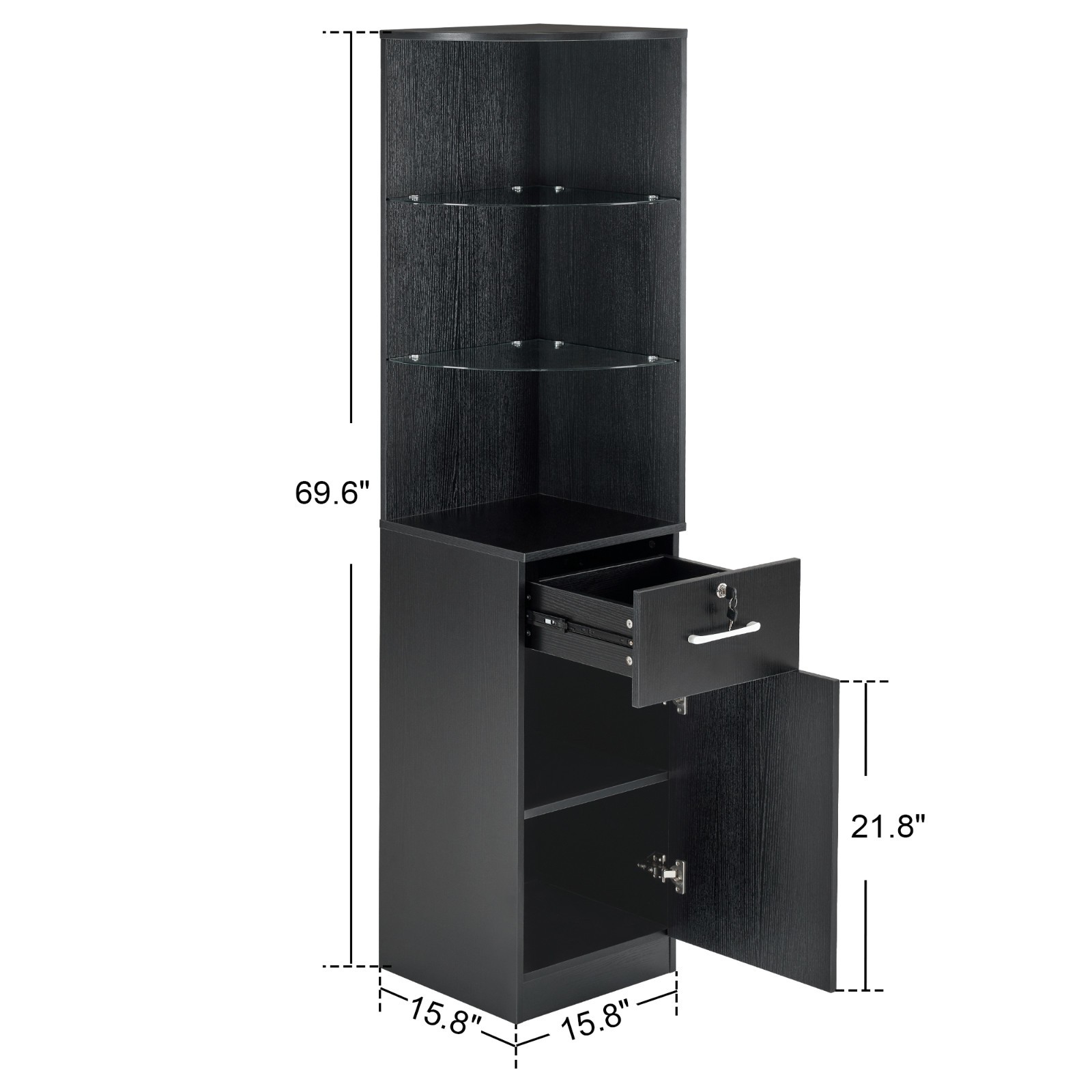 Corner Storage Cabinet with Door and Glass Shelves for Home Office Beauty Salon
