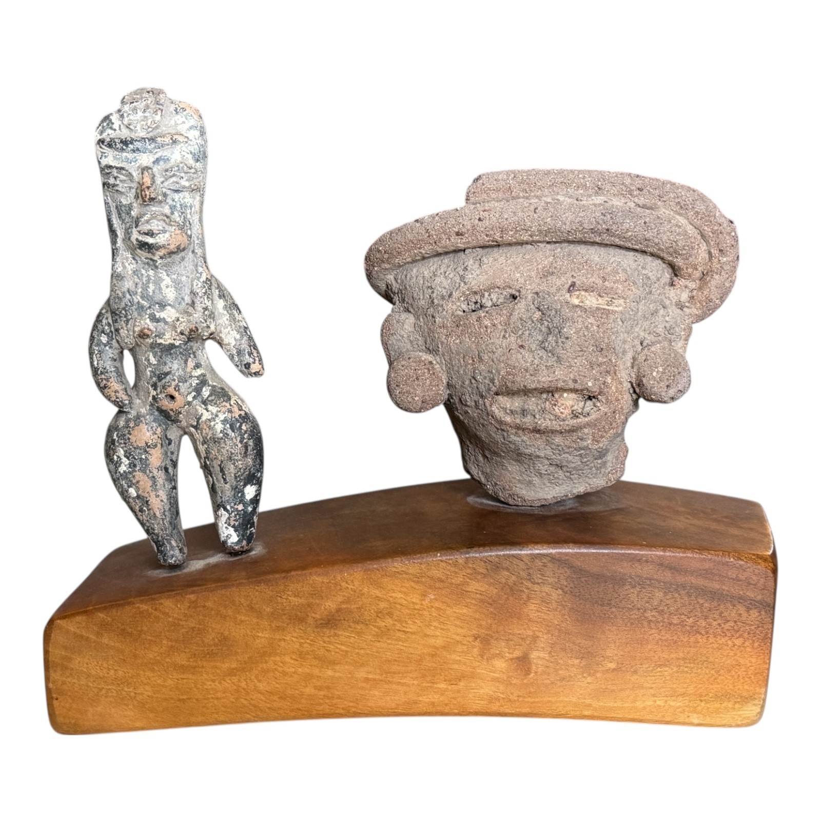 Antique Pre-Columbian Pottery Figural Group Standing Figure & Head on Base