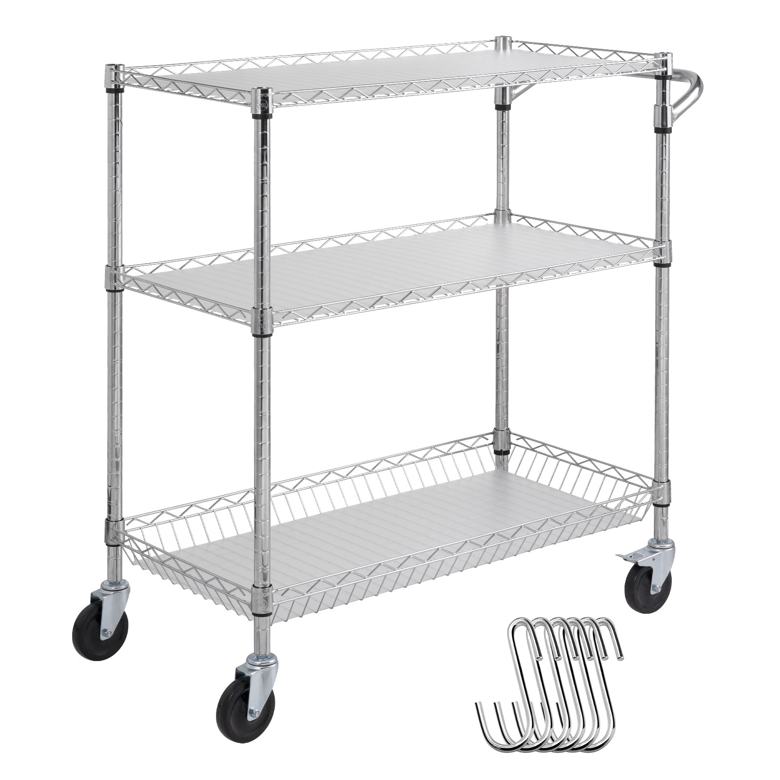 VEVOR 3-Tier Utility Cart Rolling Cart on Wheels 35"x18"x40.9" 661 LBS 6 Hooks