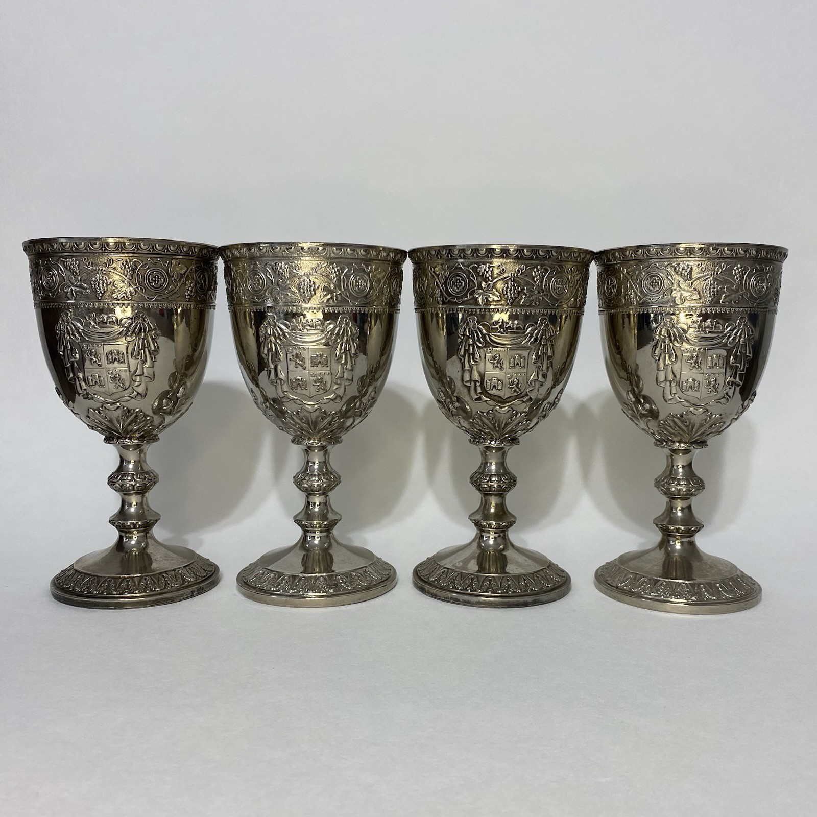 Vintage Corbell & Co Silverplate Goblets Set 4 Baroque Heraldic 6.5" Wine Cups