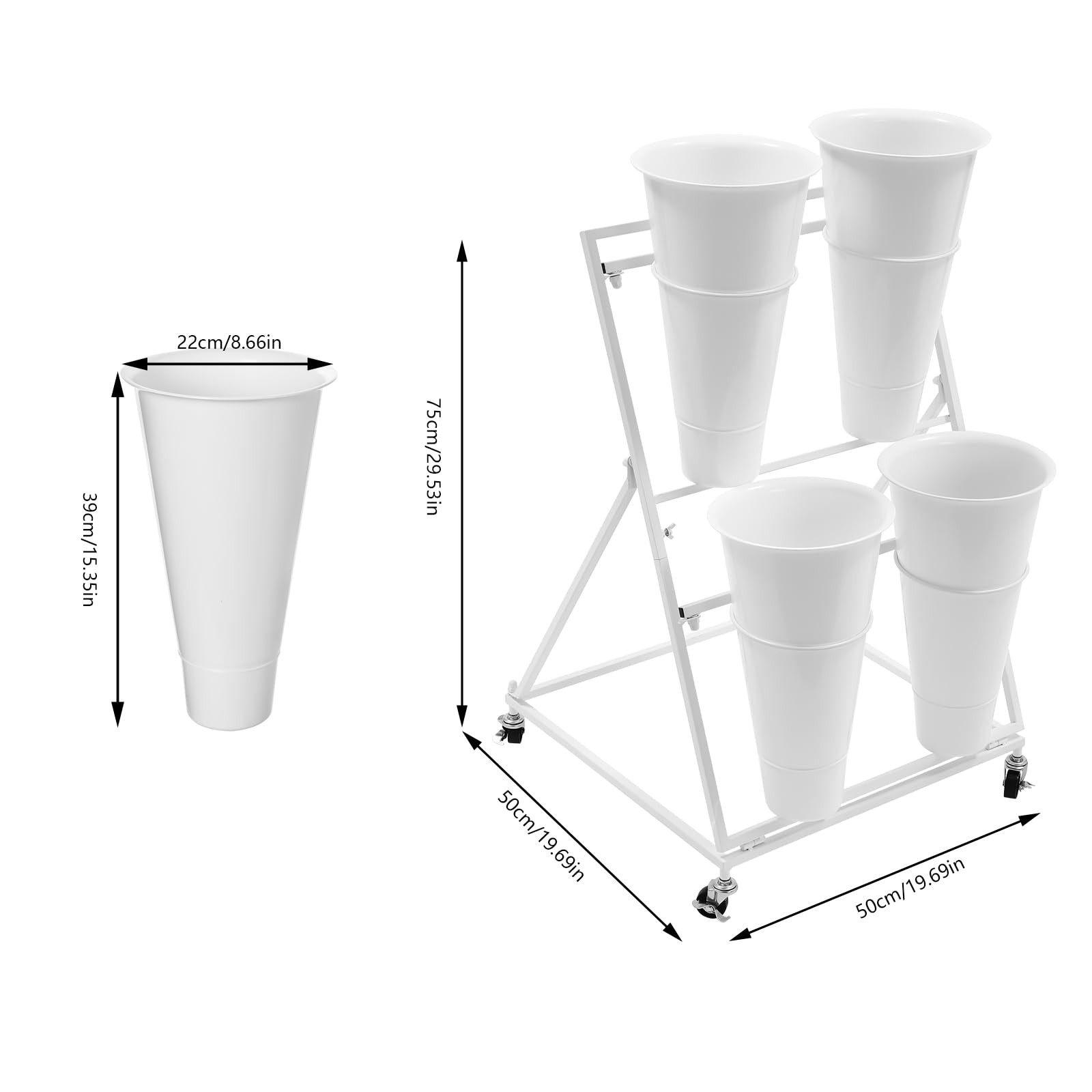 Heavy Duty Iron Flower Stand with Wheels 2 Layers 4 Plastic Buckets White
