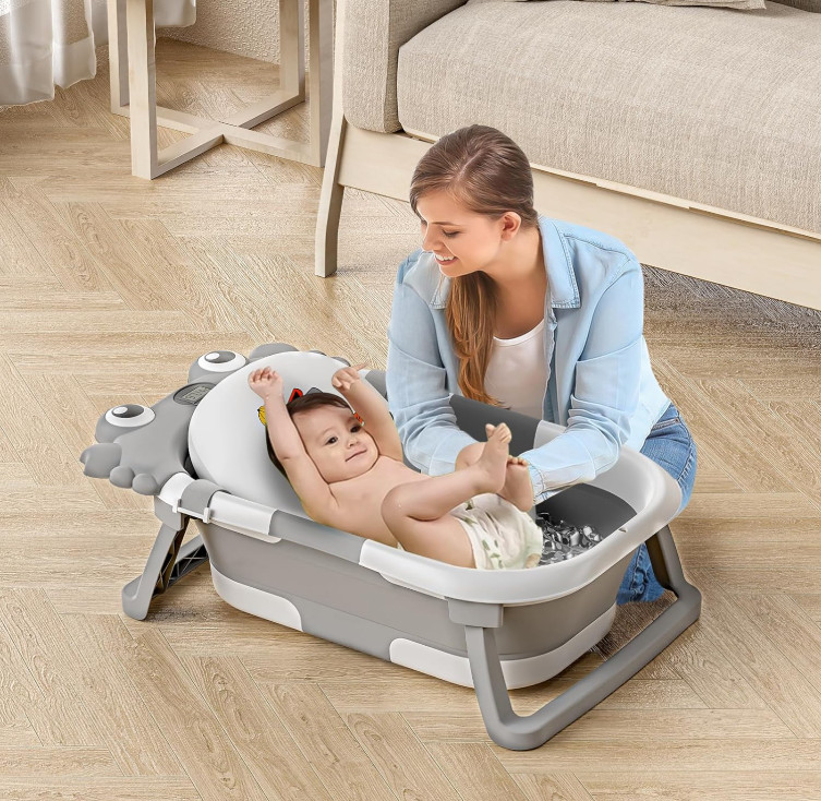 Collapsible Baby Bathtub for Newborns to Toddler with Real-time Temp Monitor & F