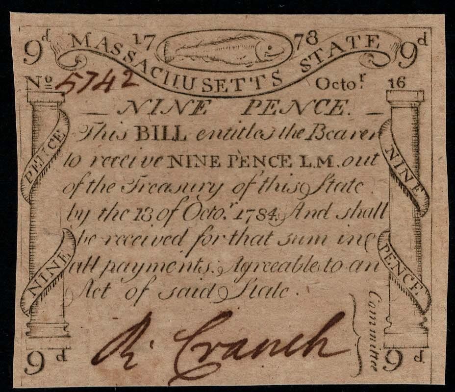 MA-259 printed by Paul Revere PCGS CU63 PPQ 9d 1778 Massachusetts Colonial