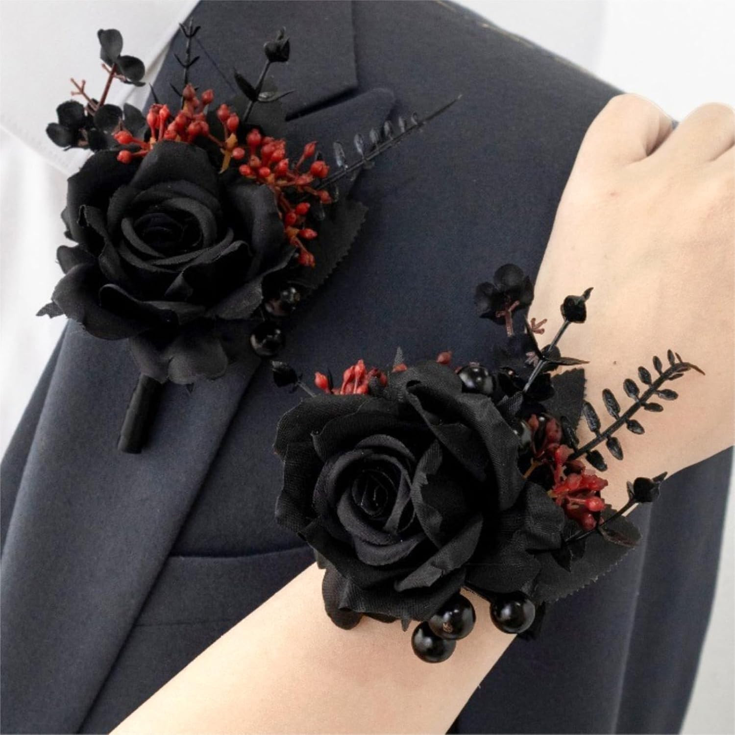 Gothic Black and Red Wrist Corsage and Boutonniere Set for Weddings and Prom