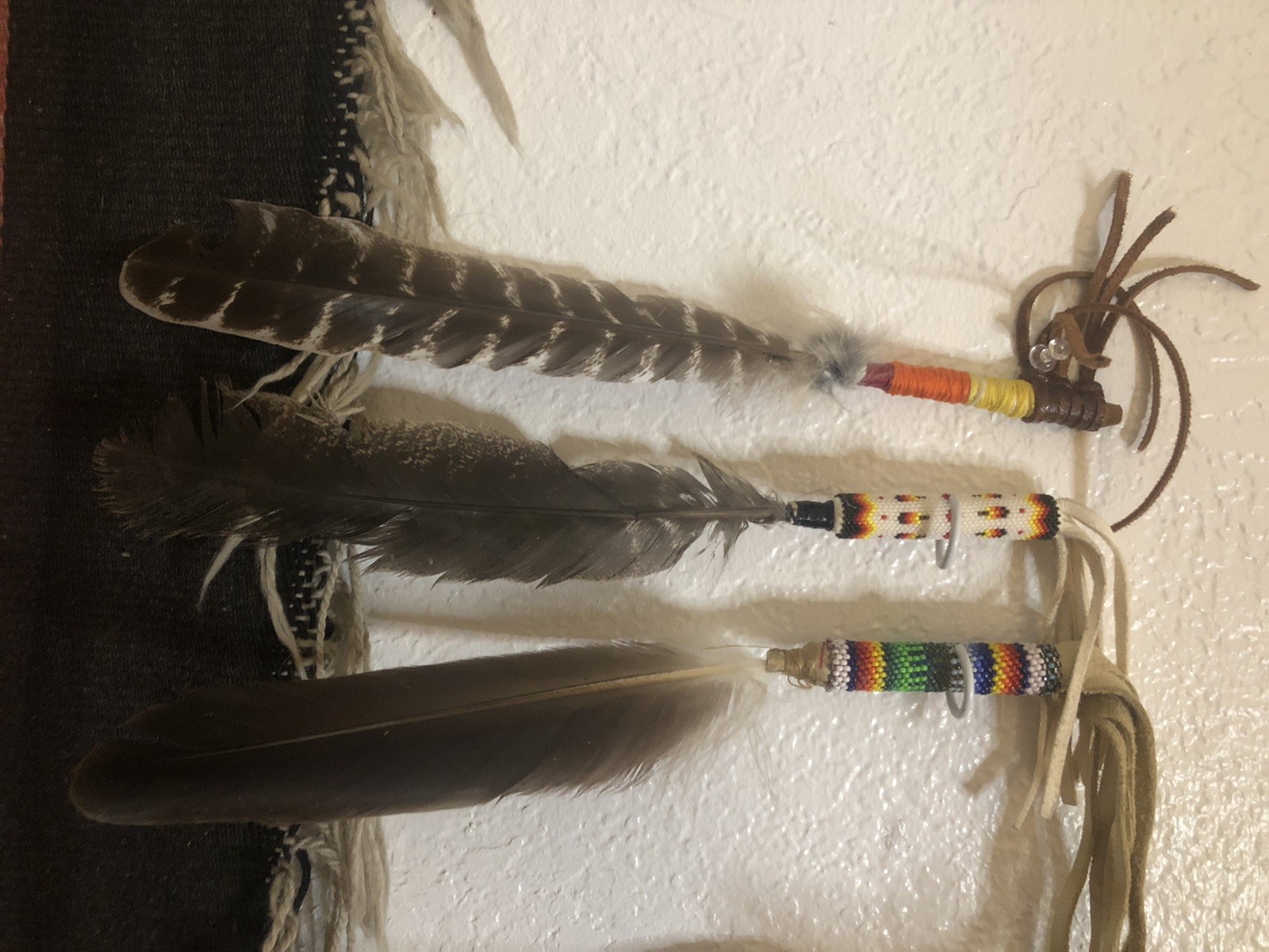 Smudging Feather Leather Hand Wrapped  12 -14"  Turkey Feathers w/ Beads Wand