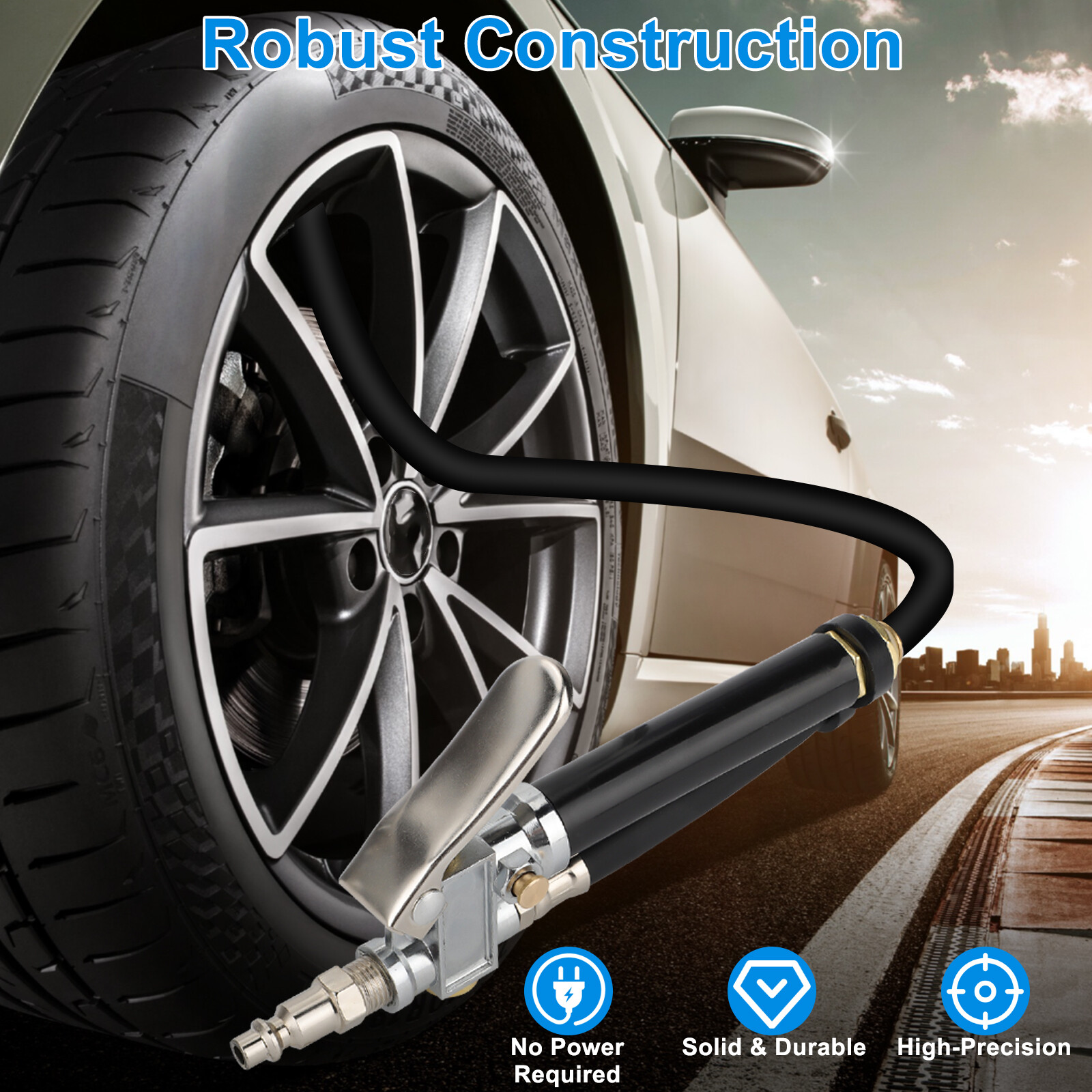 Dual Head Tire Inflator Air Pressure Gauge with Lock on Air Chuck for Car Truck