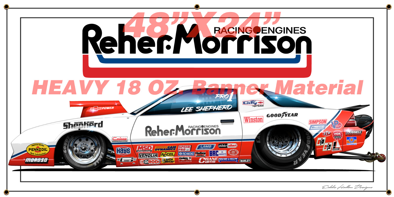 Reher Morrison 84 Camaro Shop Banner 48"X24" 18oz w grommets (003)