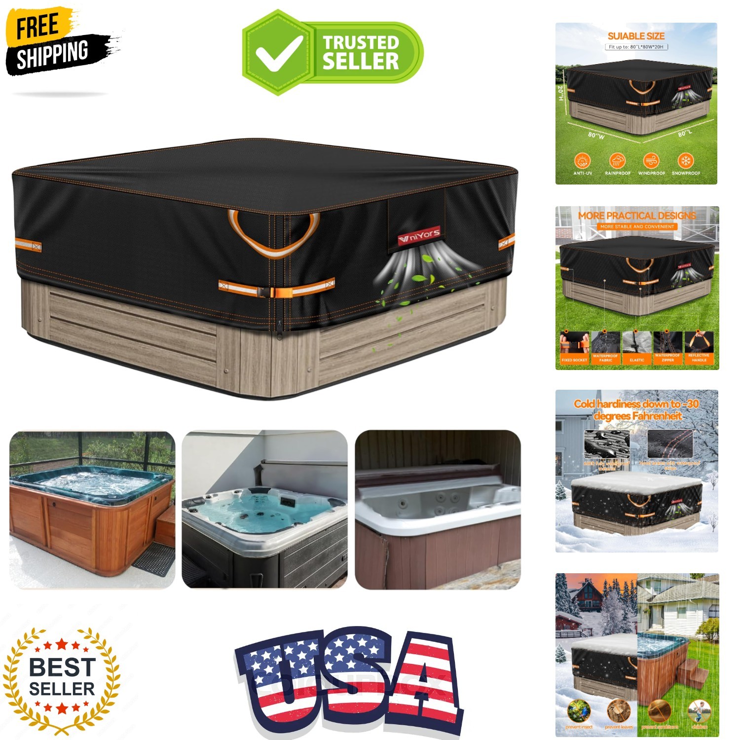 Hot Tub Cover - 600D Heavy Duty Oxford Hot Tub Lid, 80 x 80 inch Spa Covers f...