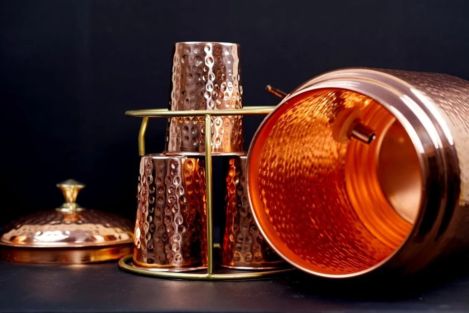 Pure Copper Hammered Water Dispenser Storage Water Tank 5 Ltr with Tap & 4 Glass